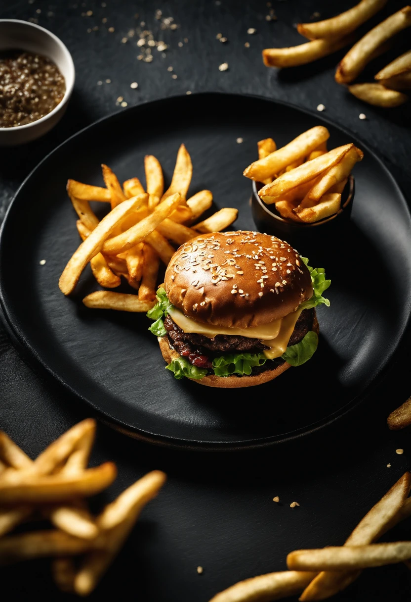 An aesthetic photo of a hamburger served on a trendy black slate plate with a side of golden crispy fries, showcasing the burger’s modern and stylish presentation