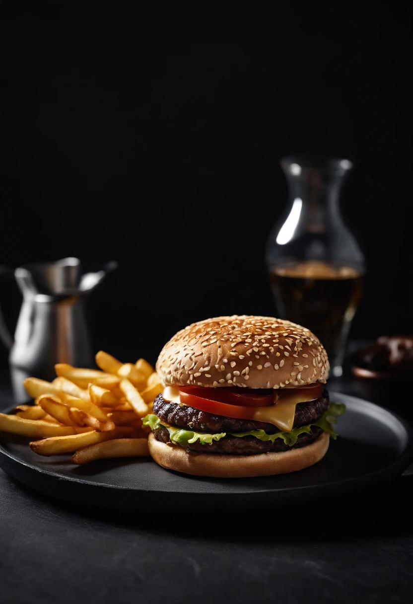 An aesthetic photo of a hamburger served on a trendy black slate plate with a side of golden crispy fries, showcasing the burger’s modern and stylish presentation
