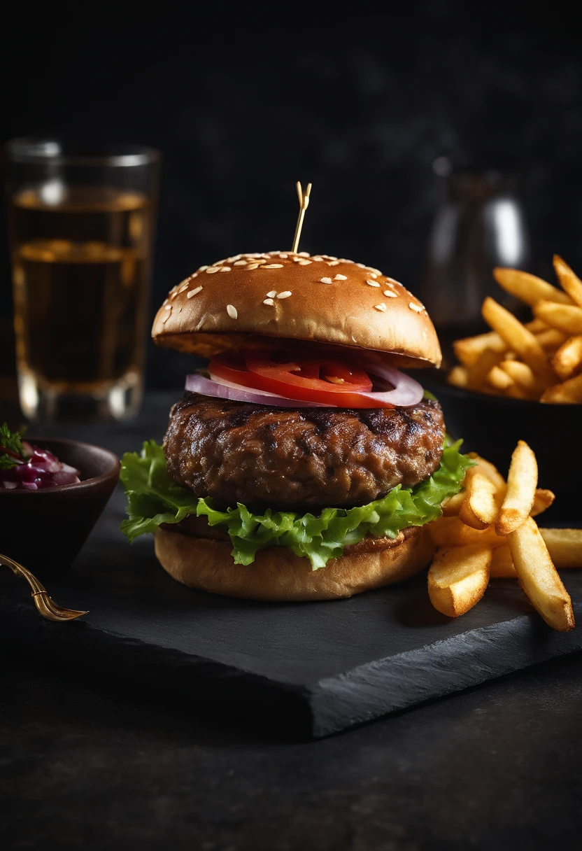 An aesthetic photo of a hamburger served on a trendy black slate plate with a side of golden crispy fries, showcasing the burger’s modern and stylish presentation