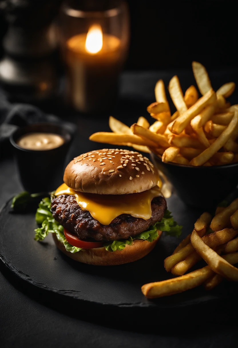 An aesthetic photo of a hamburger served on a trendy black slate plate with a side of golden crispy fries, showcasing the burger’s modern and stylish presentation