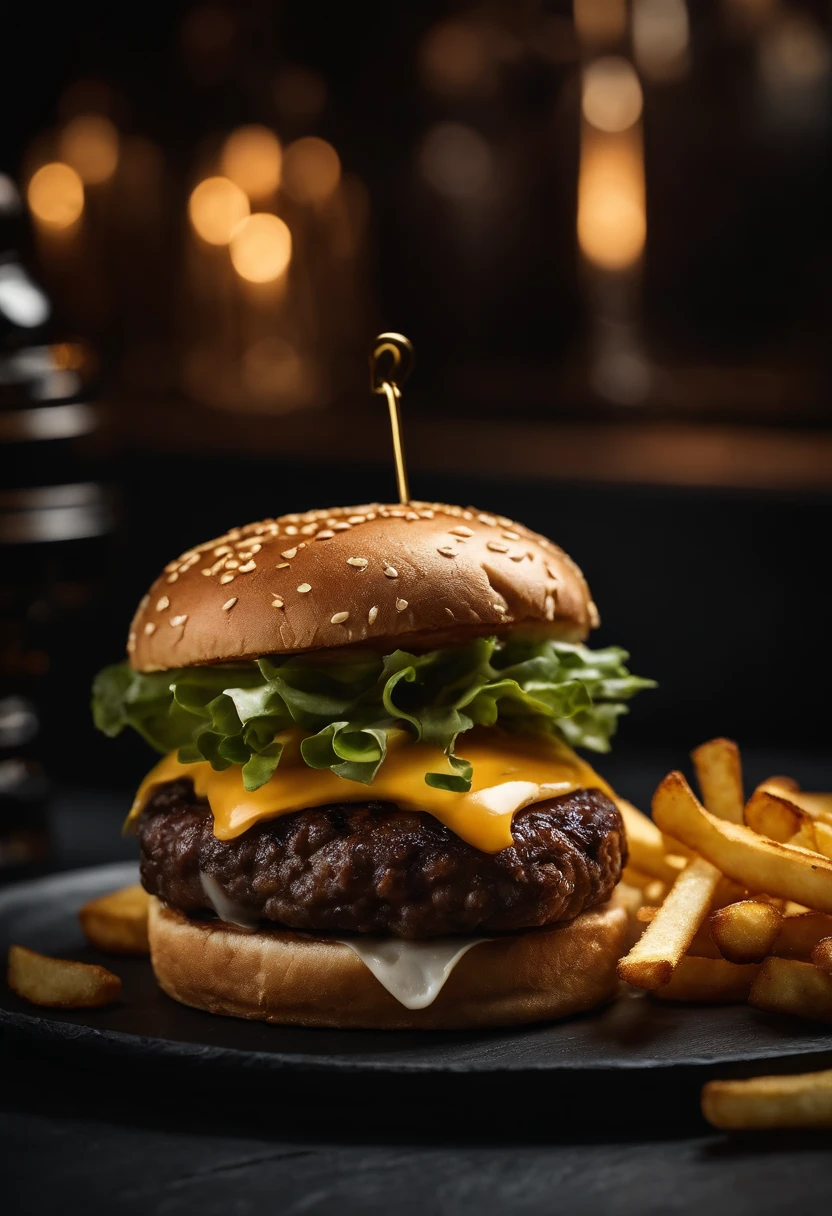 An aesthetic photo of a hamburger served on a trendy black slate plate with a side of golden crispy fries, showcasing the burger’s modern and stylish presentation