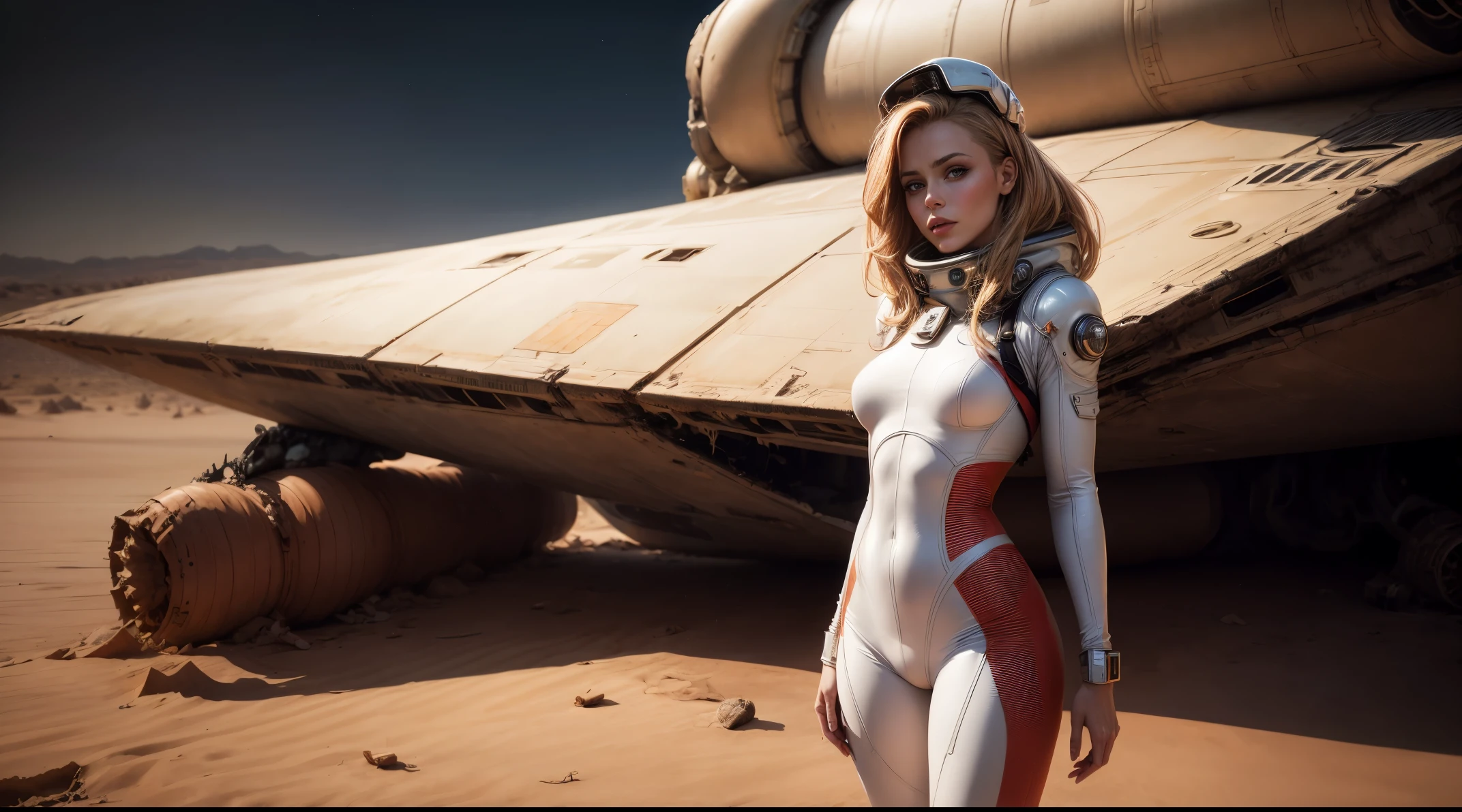 pechos enormes, A woman in a spacesuit wearing a spacesuit wearing a space cap standing next to a crashed sci-fi spaceship., Artistic trends, Caras femeninas realistas, Caras delicadas y atractivas, Arte mate, amarillo , se parece un poco a Amy Adams, desierto rojo Marte, Kylie Minogue como Barbarella, El estilo de Ian Hubert, Mapa Patreon, Colores de los 70, valeriana, sin dientes, Nave espacial estrellada en el fondo, Vista de cuerpo completo