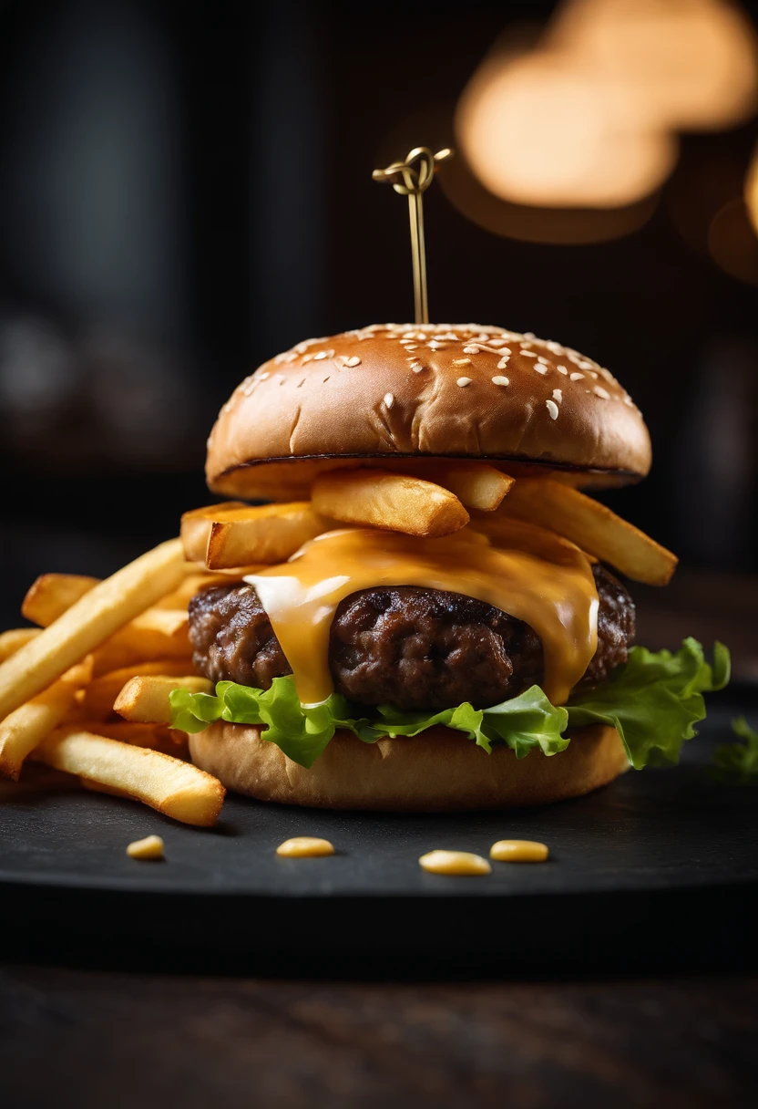 An aesthetic photo of a hamburger served on a trendy black slate plate with a side of golden crispy fries, showcasing the burger’s modern and stylish presentation