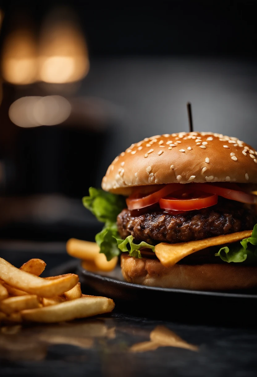 An aesthetic photo of a hamburger served on a trendy black slate plate with a side of golden crispy fries, showcasing the burger’s modern and stylish presentation