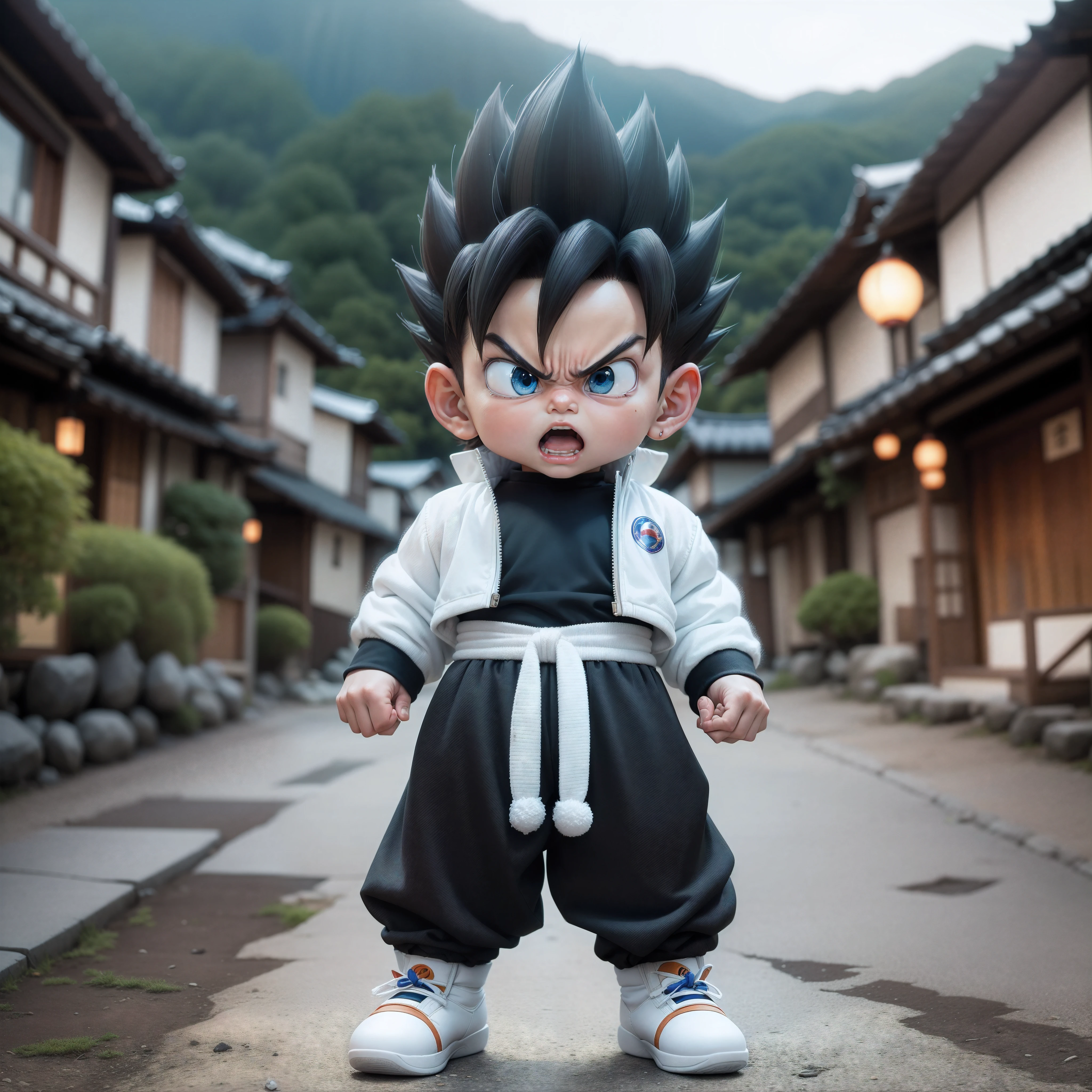 A real life adaptation of this character, his name is Vegeta from the anime Dargon ball, little Goku, wearing a white jacket, black pants with a cute angry expression, with a Japanese village in the background. Realistic, realistic outfit with white jacket, background (photorealistic: 1.2),