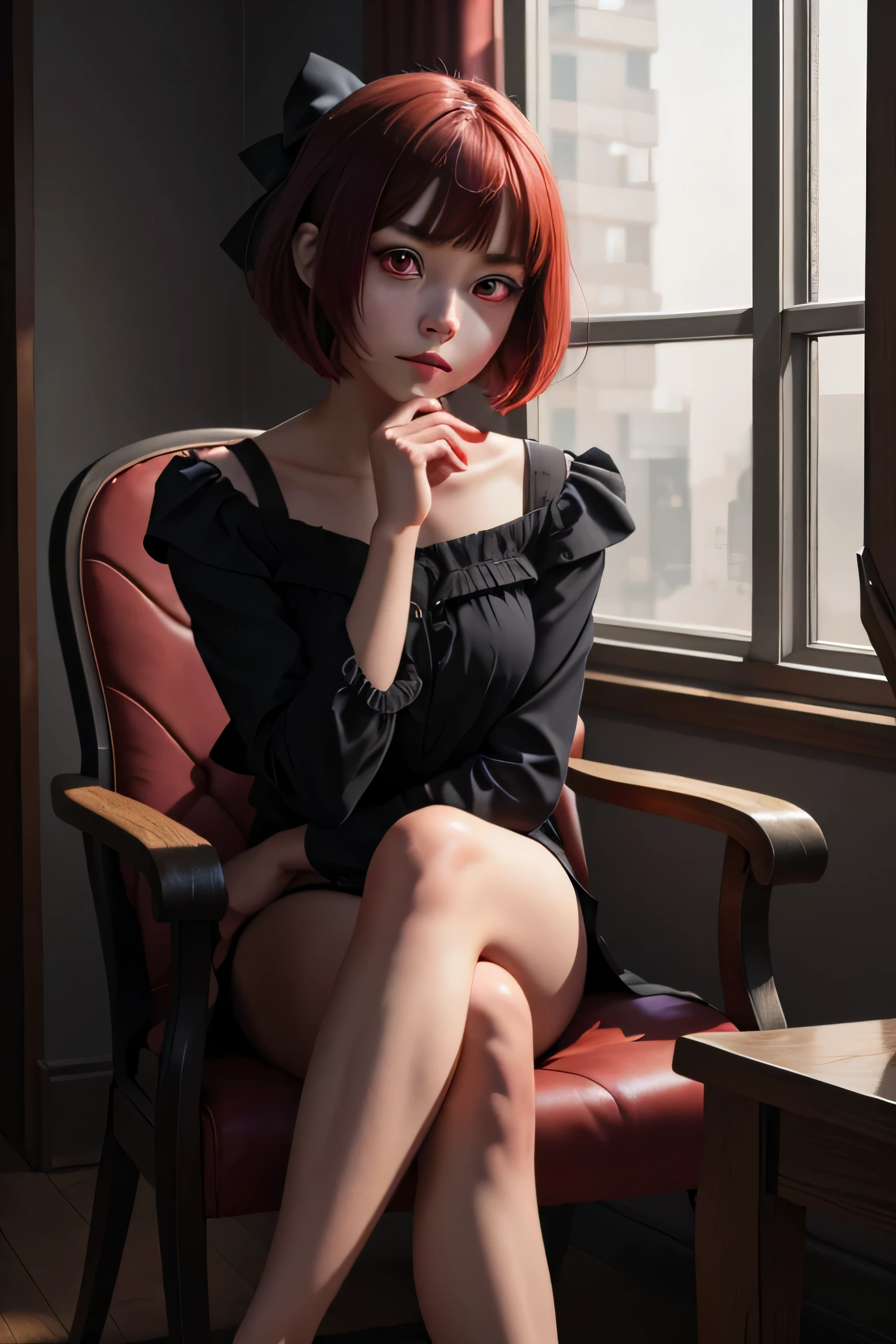 1girl, solo, onk_arima,(red eyes:1.2), sitting on a chair, crossed legs, aonfused, looking at viewer, (full body:1.1), 
(highly detailed hands eyes and face:1.2)