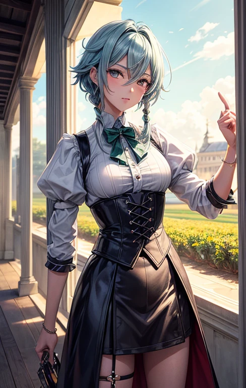 Sakuya, estilo magicpunk, incrivelmente absurdos, arte conceitual, best quality, perfect lighting, illustration, Ponto de Fuga, sentado, Olhando para o Viewer, Personagem masculino maduro, 1st grade, (sem boca:1.3), Foco masculino, Macho, cabelos verdes, franja tingida, olhos brilhantes, Usando (prato da virilha do estilo da fantasia e caneleiras:1.1), Campo de trigo, fundo finamente detalhado, amazing background