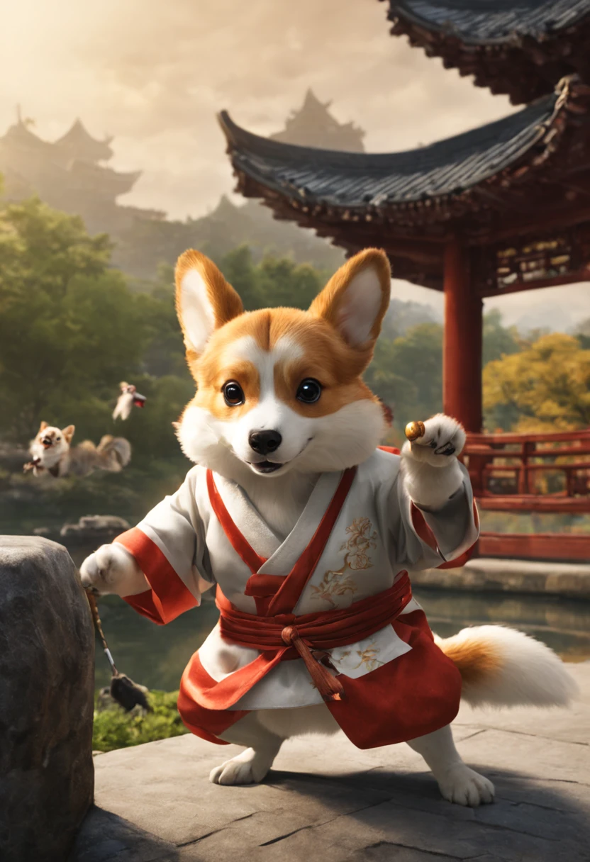 Imagine, as if humanoid (Anthropomorphic) corgi in a white kimono practices kung fu in a picturesque Chinese garden, Corgi, squirrel - kung fu fighter, kung fu training, Anthropomorphic corgi, Hi-Def, Best Quality, Highest resolution, 8K, Feature photo, Photorealistic quality, higly detailed