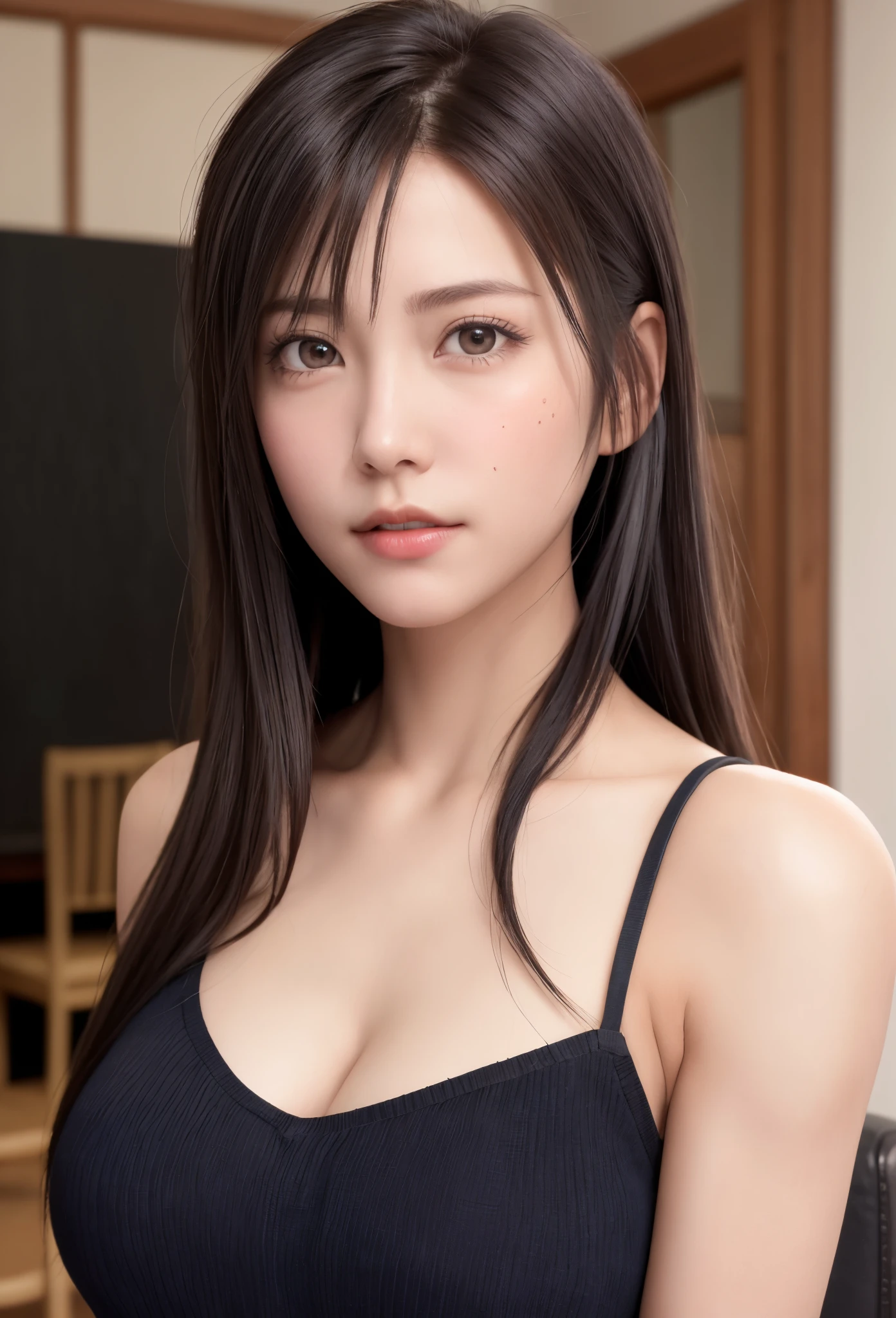 8K,Best Quality, masutepiece, 超A high resolution, (Photorealistic:1.4), Raw photo, (Authentic skin texture:1.3), (Film grain:1.3), (Selfie angle),1girl in, twin drills hairstyle, Black hair, all four, Chair, bored, Hand supporting chin, beautiful detailed eyes and face,masutepiece, Best Quality,close-up,upper bod,