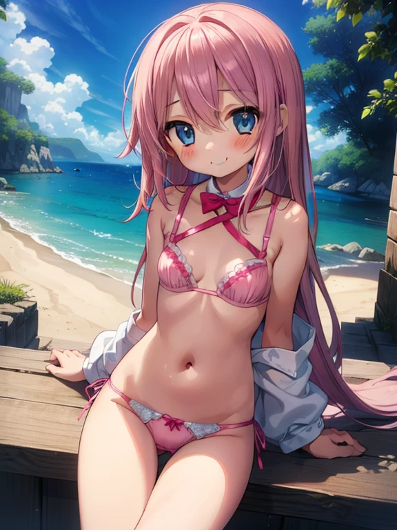 Beautiful illustration, Best Quality, ( female child)、cute petit girl, Lori、(Superb view), Sitting, fantasy landscape, bra, exposed skin, little clothing, small breasts, cleavage, navel, pink panties、Thighs visible through the gap in panties、Crotch gap、Thigh gap、Beautiful blue eyes, frombelow, Cinematic lighting, Cowboy Shot, Euphoric smile, (length hair)、