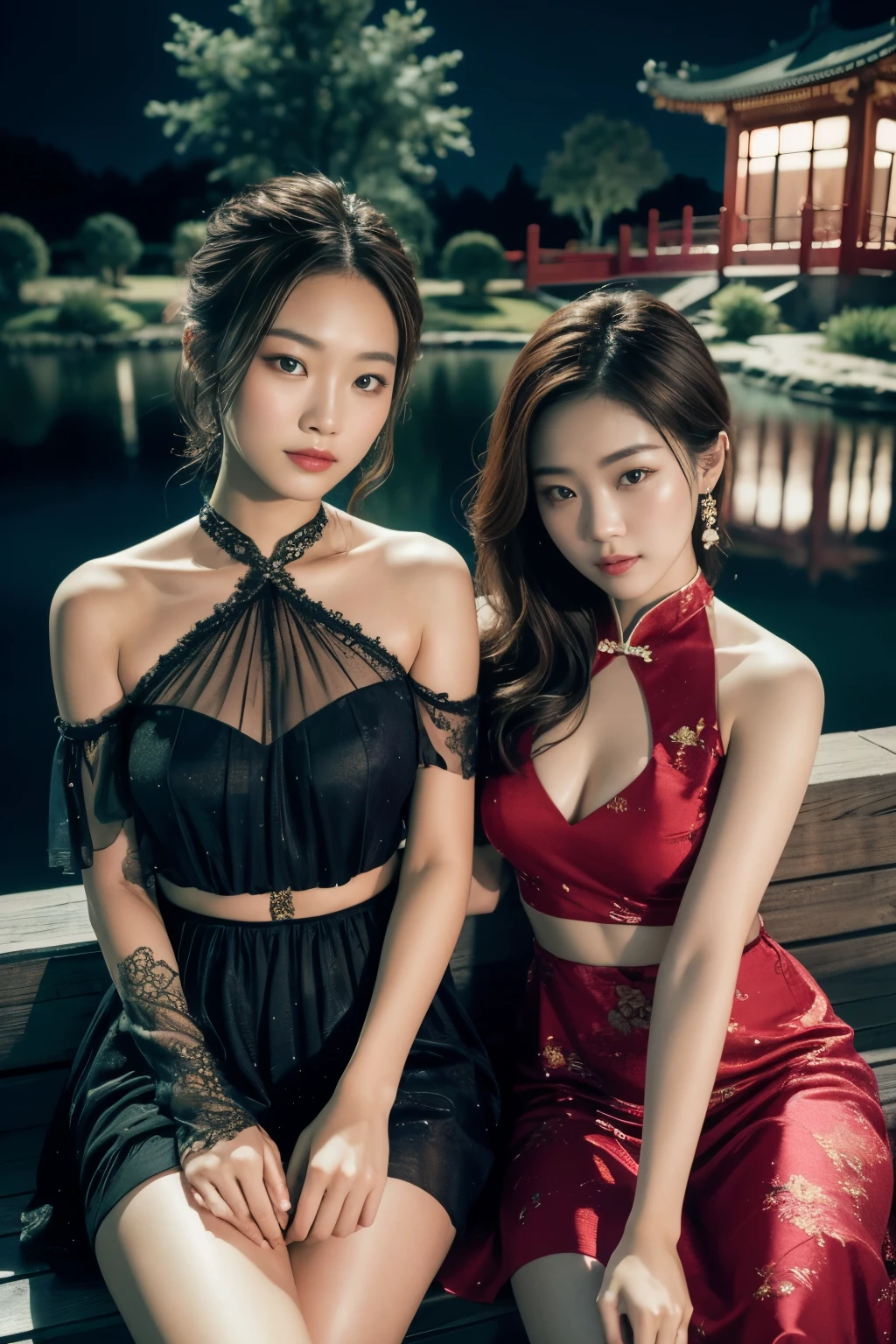 All faces must be different, high quality, highly detailed, a stunningly photorealistic closeup portrait of two beautiful Chinese women,faced, intricate detailed eyes,open shoulders,skirtlift,where two mysterious women sits by the edge of a pond, capturing a romantic atmosphere under the starry sky.POV, by lee jeffries, nikon d850, film stock photograph ,4 kodak portra 400 ,camera f1.6 lens ,rich colors ,hyper realistic ,lifelike texture, dramatic lighting , cinestill 800,