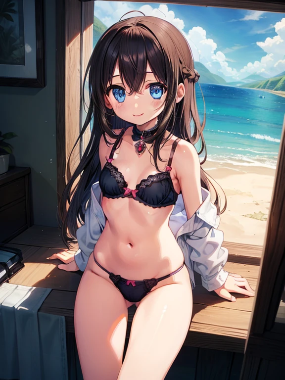 Beautiful illustration, Best Quality, (6  female child)、cutit girl, Lo(Superb view), Sitting, fantasy landscape, (sexy),  bra, exposed skin, little clothing, small breasts, cleavage, navel, pink panties、Thighs visible through the gap in panties、Crotch gap、Thigh gap、Beautiful blue eyes, frombelow, Cinematic lighting, Cowboy Shot, Euphoric smile, (length hair)、