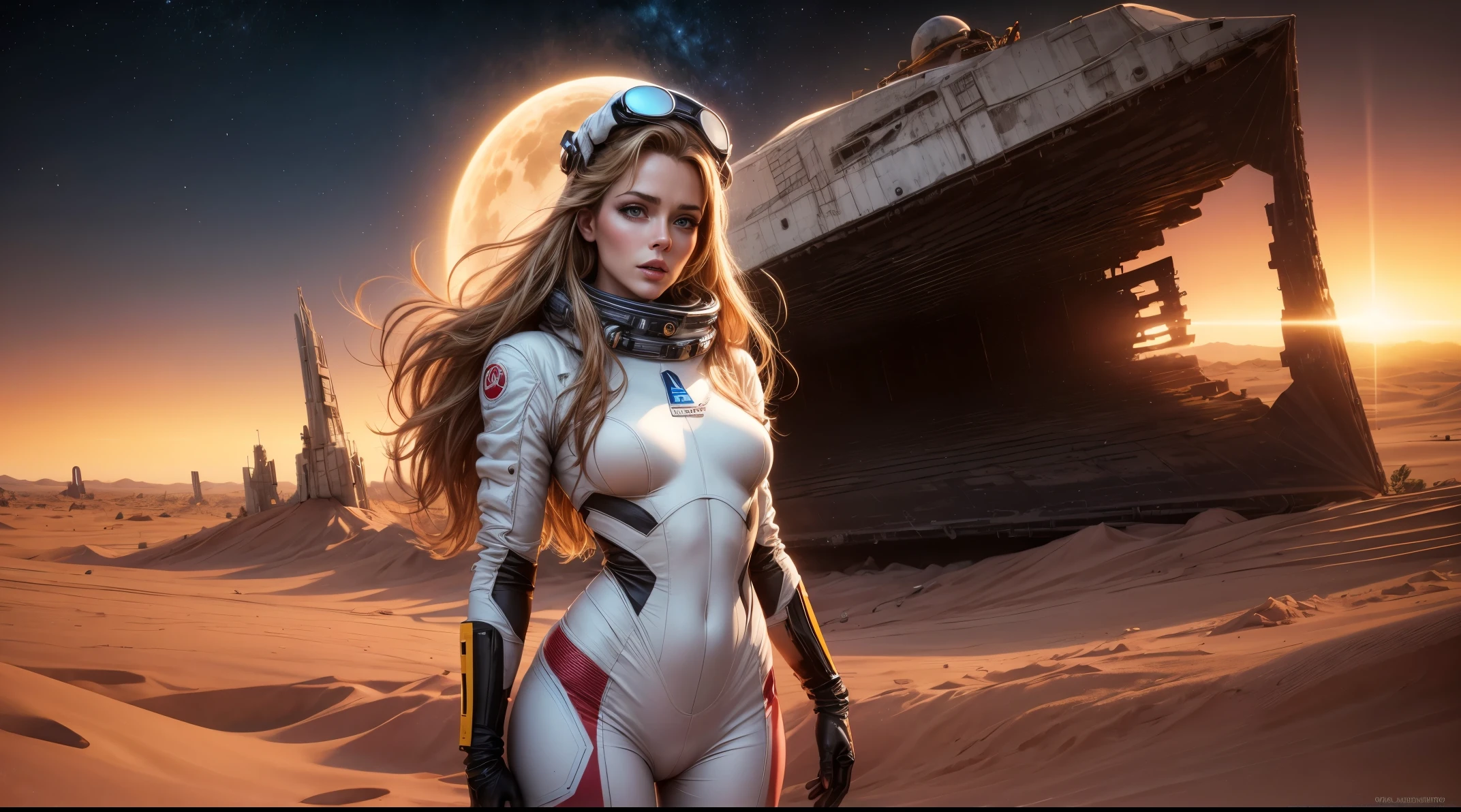 pechos enormes, A woman in a spacesuit wearing a spacesuit wearing a space cap standing next to a crashed sci-fi spaceship., Artistic trends, Caras femeninas realistas, Caras delicadas y atractivas, Arte mate, amarillo , se parece un poco a Amy Adams, desierto rojo Marte, Kylie Minogue como Barbarella, El estilo de Ian Hubert, Mapa Patreon, Colores de los 70, valeriana, sin dientes, Nave espacial estrellada en el fondo, Vista de cuerpo completo