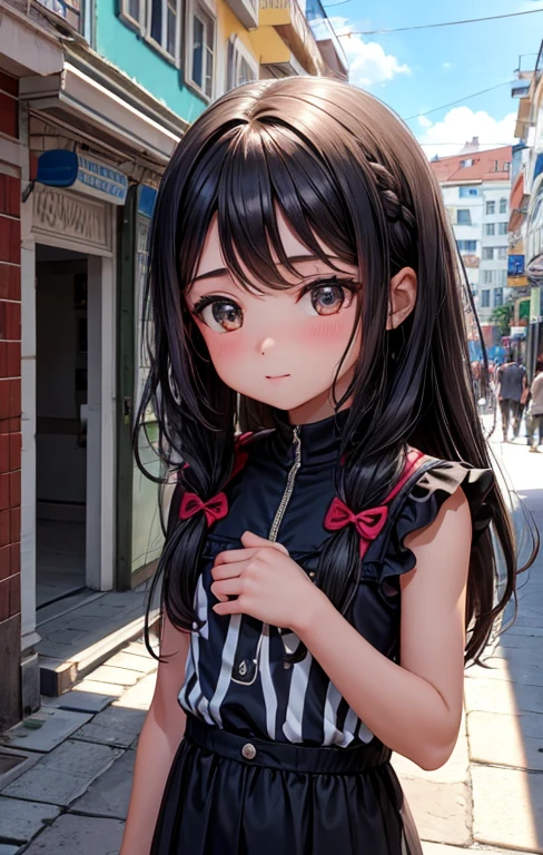 Dia ensolarado, city scenery, na rua, 1 menino, cabelo preto, cabelo curto, pele clara, 1 menina, cabelo marrom, cabelo longo, pele clara, se beijando