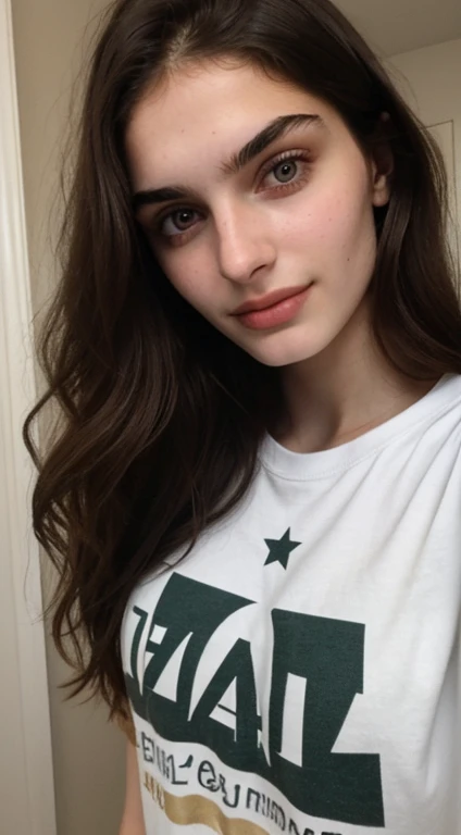 ((Front facing camera selfie)), 18 yo girl named Zahra Amiri, (straight nose), (prominent nose bridge), (female face golden ratios), long dense dark brown hair, (pale skin:1.25), (hazel eyes), thin eyebrows, high cheekbones, beautiful plump lips, big natural breasts, wearing tshirt, apartment background, smirk