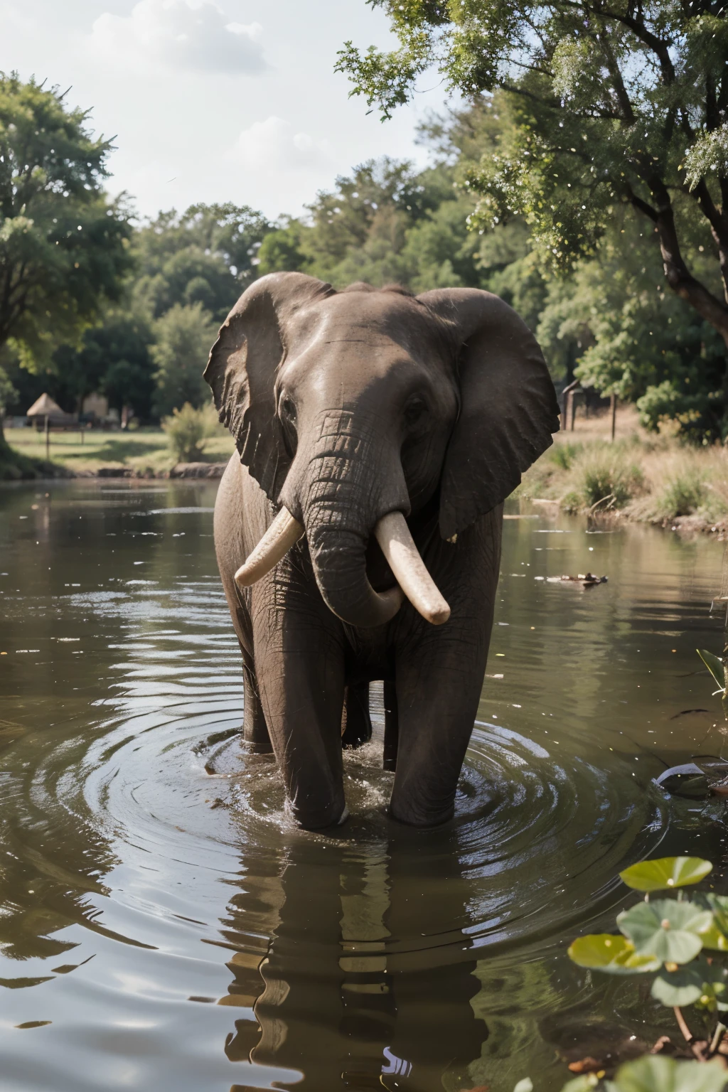 One year old elephant frolicking in a pond, Ultra Definition, trompa levantada, fondo realista, extremadamente detallada