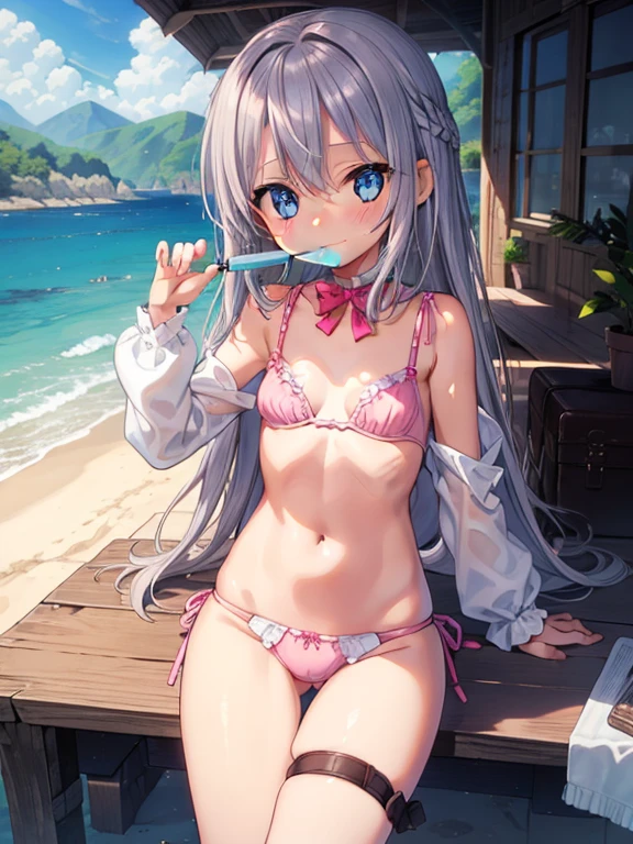 Beautiful illustration, Best Quality, ( female child)、cute petit girl, Lori、(Superew), Sitting sucking on Popsicle, fantasy landscape, , bra, exposed skin, beach clothing, small breasts, cleavage, navel, pink panties、Thighs visible through the gap in panties、Crotch gap、Thigh gap、Beautiful blue eyes, frombelow, Cinematic lighting, Cowboy Shot, Euphoric smile, (length hair)、silver hair