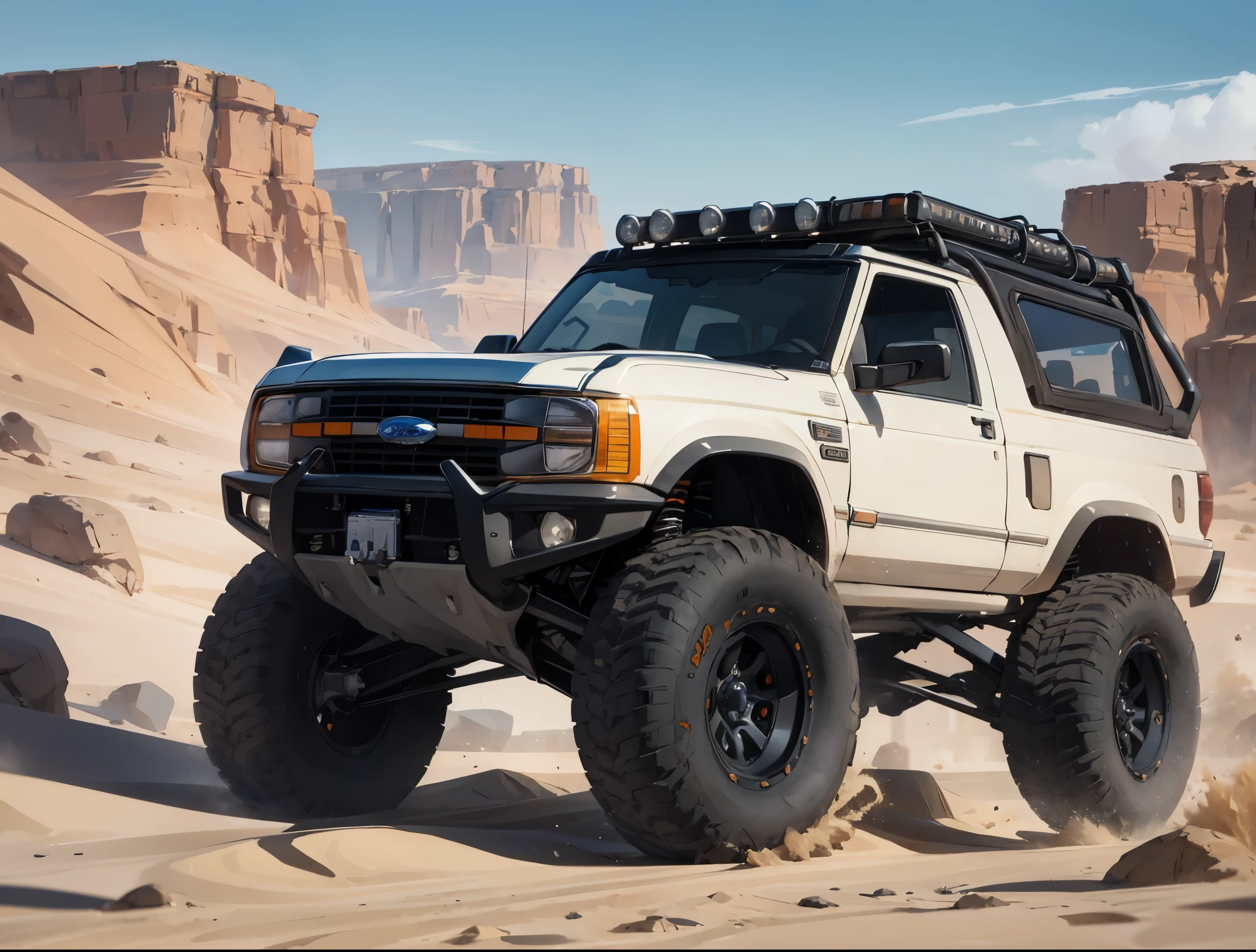 masterpiece photo Ford Bronco PreRunner with Baja suspension, large off-road tires, expedition tuning: : 2, highly detailed body, highly detailed tires, cinematic, hyper-realistic, symmetrical, desert, bright sun, rocky ridge: : 2, photo by Sabiha Çimen: : 2, highest quality, professional photography