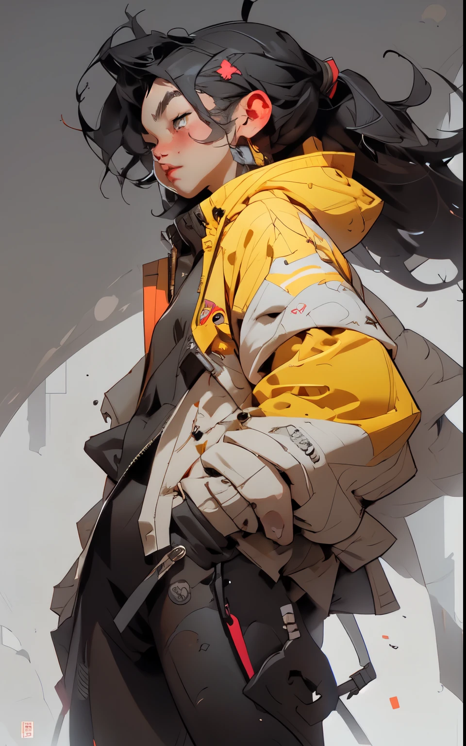 anime - style image of a woman with a yellow jacket and black hair, artwork in the style of guweiz, guweiz, artgerm and atey ghailan, cyberpunk anime girl in hoodie, guweiz on artstation pixiv, striking detailed artstyle, guweiz on pixiv artstation, trending on cgstation