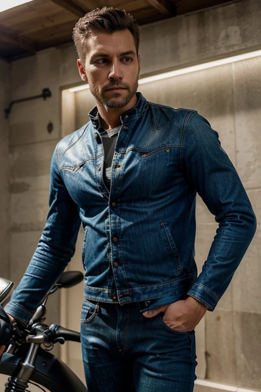 (alta qualidade, Realistic, homem moderno, usando uma jaqueta jeans, estilo motociclista), cores vibrantes, Detailed features, fundo em branco, dynamic lighting