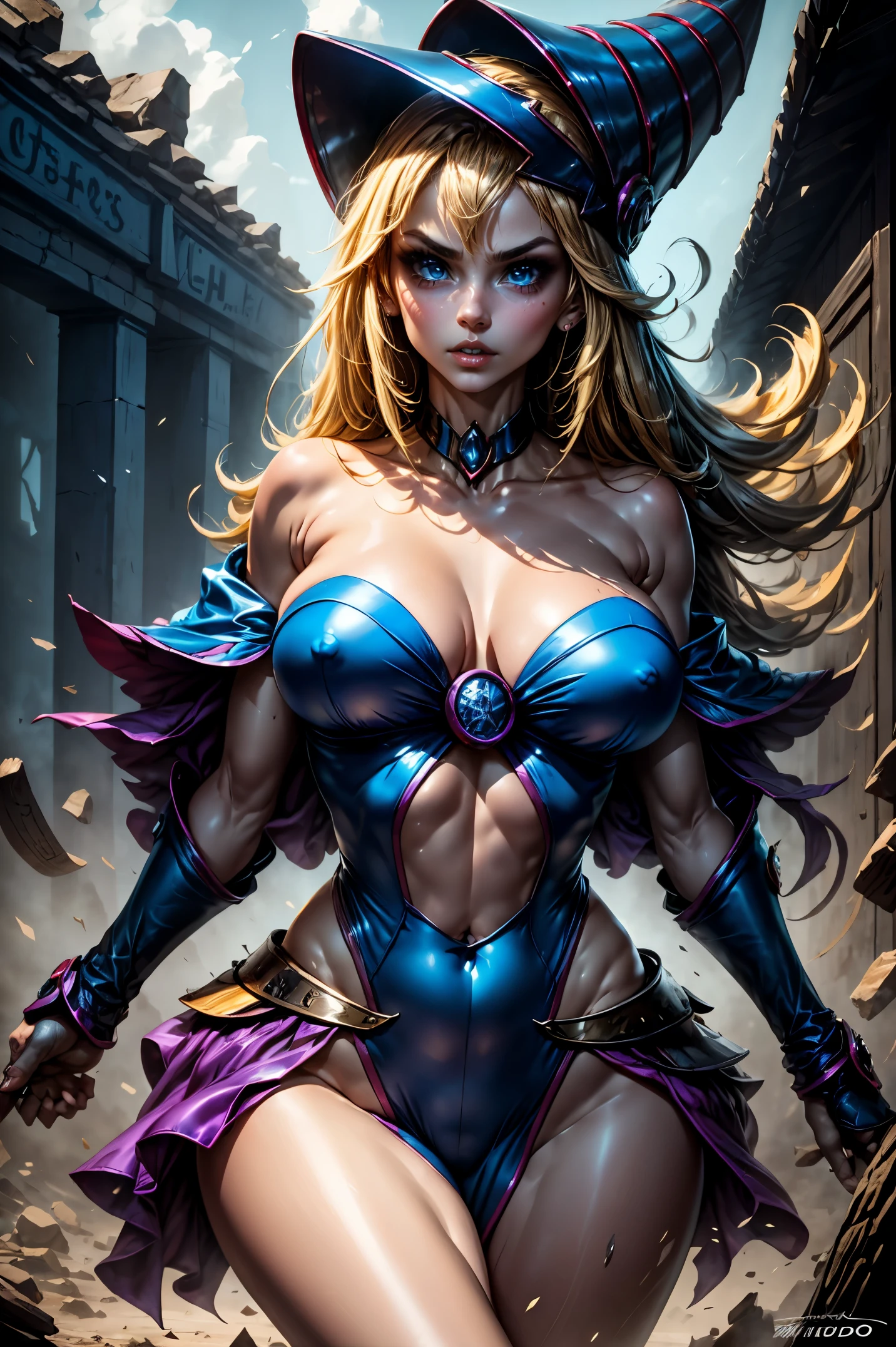 Dark magician gils en pose de pelea. Fondo de campo de batalla. Cuidad en ruinas, fuego, humo, fondo de guerra magica