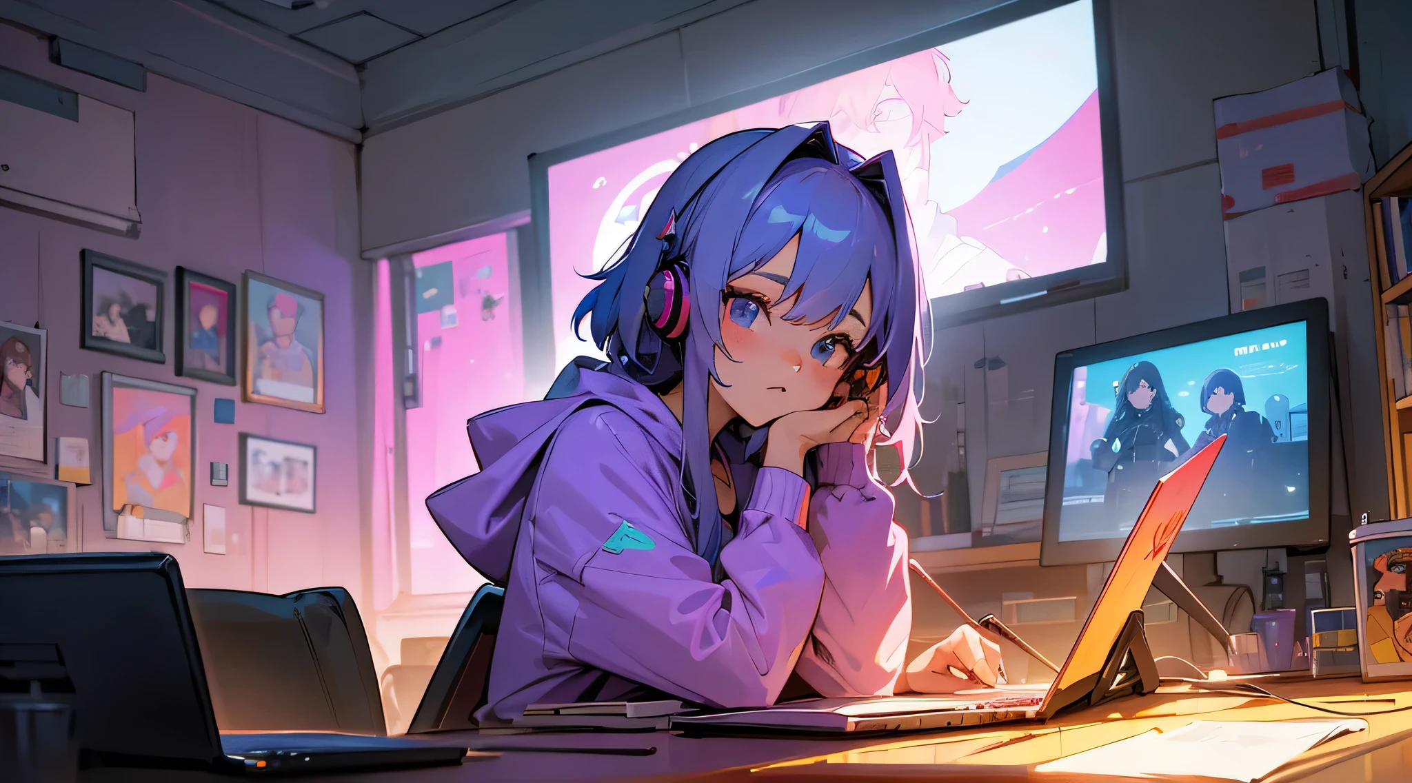 photo portrait of a stunning woman with violet hair and a pastel hoodie wearing headphones, Trabalhando em um laptop, sitting on her bed in her big cozy and messy room, with lots of string lights at night, altamente detalhado, ghibli studio, Akira Toriyama, Tiago Gilleard, Impacto Genshin, trending pixiv fanbox, acrylic palette knife, 4k, cores vibrantes, tiro de longe