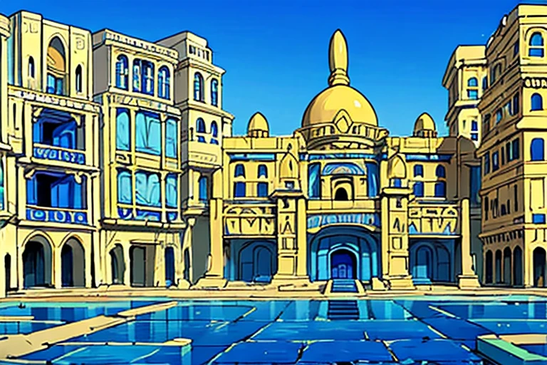 (masterpiece), (blue and gold ancient egyptian city made of blue stone), (blue stone bricks), sprawling city, buildings, blue with gold details