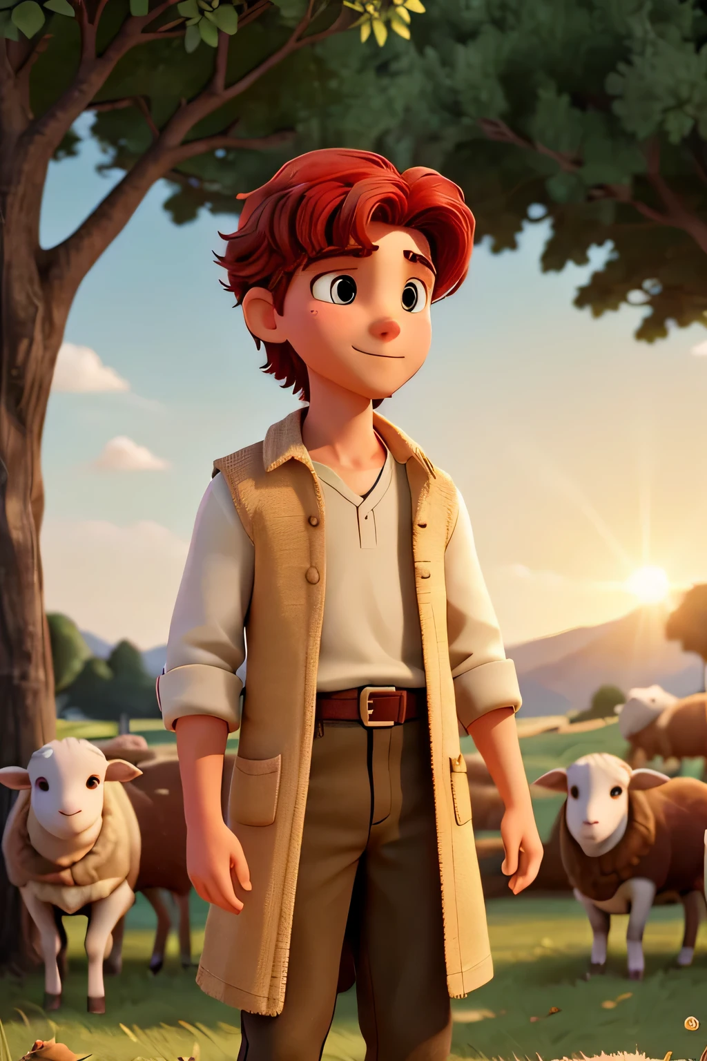 Imagine a pastoral setting at sunset, onde o jovem David, with red hair and young features, is attentively looking after a flock of sheep in the green meadows. Seu cabelo reflete a luz suave do sol poente, as he holds a shepherd&#39;s rod with skill and compassion. As ovelhas, spotted and peaceful, pastar ao redor dele, confident in David&#39;s calm leadership. This moment portrays the humility and devotion of the future king of Israel in his days as a simple shepherd, before being anointed for a greater purpose., Udisco Rigido, anatomicamente correto, pele texturizada, Super Detalhe, alta qualidade, best quality, Altas, disco Rigido, 4k, 8k, 16k