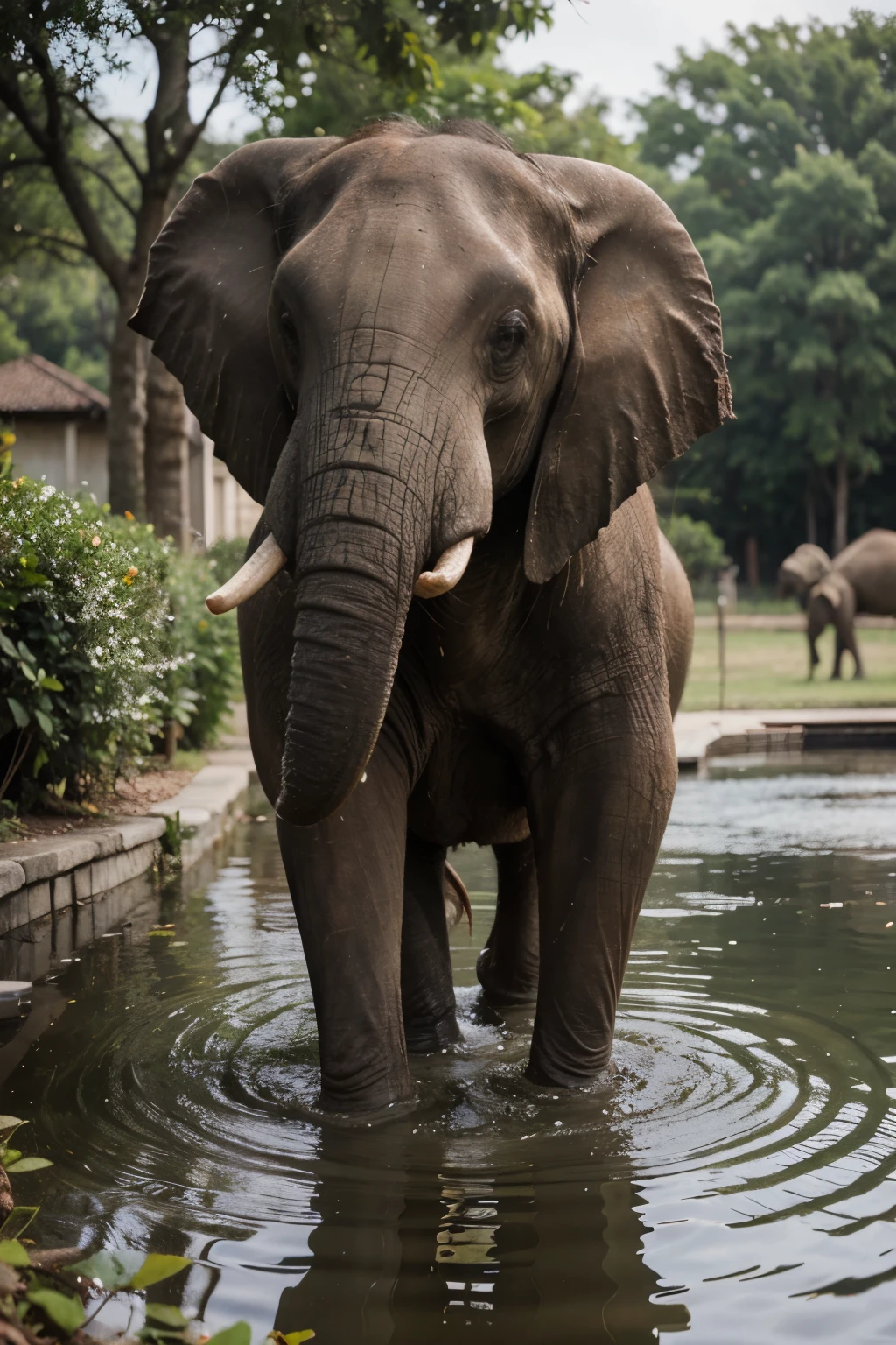 Realistic elephant less than a year old frolicking in a pond, trompa levantada, fondo realista, extremadamente detallada, Ultra Definition