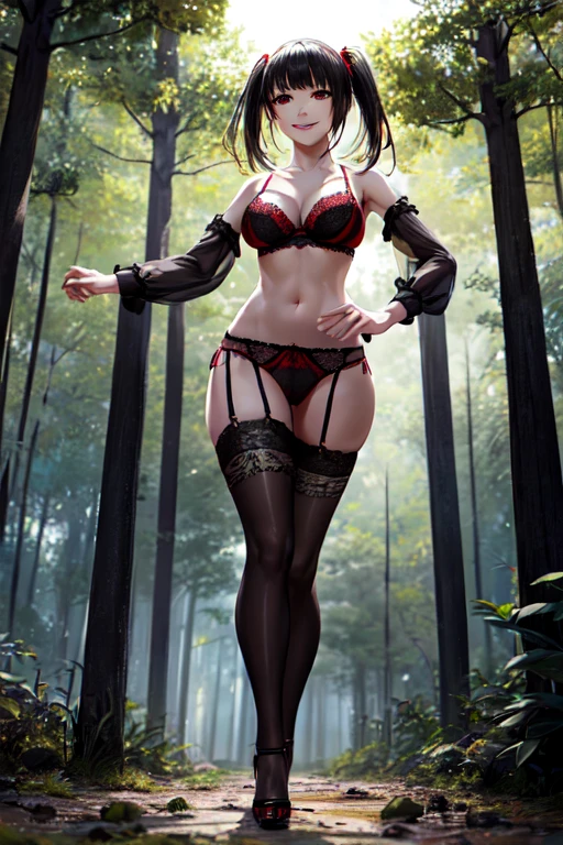 ((full body)), ((full pose)), kurumitokisaki, tokisaki kurumi, clock eyes, black hair, long twintails, (red eyes:1.3), (yellow eyes:1.3), heterochromia, (medium breasts:1.3), ((seductive smile:1.5)), ((black pantyhose)), ribbon, ((black lace bra:1.4)), ((black lace panties:1.4)), BREAK looking at viewer, BREAK (masterpiece:1.2), best quality, high resolution, unity 8k wallpaper, (illustration:0.8), (beautiful detailed eyes:1.6), extremely detailed face, perfect lighting, extremely detailed CG, (perfect hands, perfect anatomy), ((short-cut:1.4)), ((from down:1.4)), ((walking:1.4)), ((hands on breasts:1.4)), ((Sky from below:1.5)), ((heels:1.5)), ((forest background:1.4)), ((night:1.5)),
