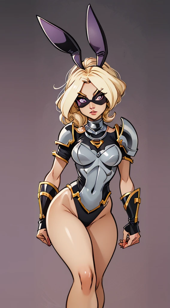Create a captivating female android character with an elegant bunny style. With blonde hair, purple eyes, The armor, in a subtle shade of gray, features on the chest a striking red circle with a bold colored letter D. black. The square-shaped shoulder pads add a touch of robustness to its presence, while the waist is adorned with a shiny gold band, highlighting its elegance. The forearms incorporate retractable blades, providing an element of controlled danger. The face, divided in two, reveals on the left half an enigmatic rabbit mask, meticulously crafted in metal, with a red lens that intensifies its mysterious gaze. The combination of these elements creates a unique character that fuses grace, strength and a touch of mystery.