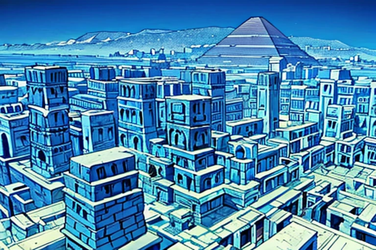 (masterpiece), (blue ancient egyptian city made of blue stone), (blue stone bricks), sprawling city, buildings