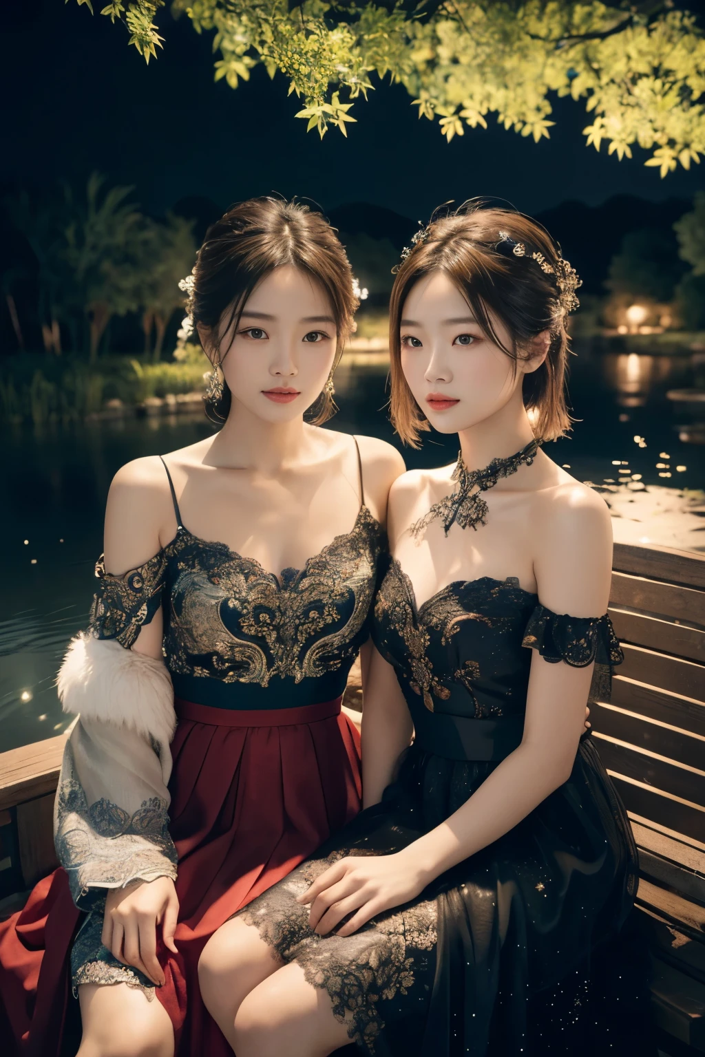 All faces must be different, high quality, highly detailed, a stunningly photorealistic closeup portrait of two beautiful Chinese women,babyfaced, intricate detailed eyes,open shoulders,skirtlift,where two mysterious women sits by the edge of a pond, capturing a romantic atmosphere under the starry sky.POV, by lee jeffries, nikon d850, film stock photograph ,4 kodak portra 400 ,camera f1.6 lens ,rich colors ,hyper realistic ,lifelike texture, dramatic lighting , cinestill 800,