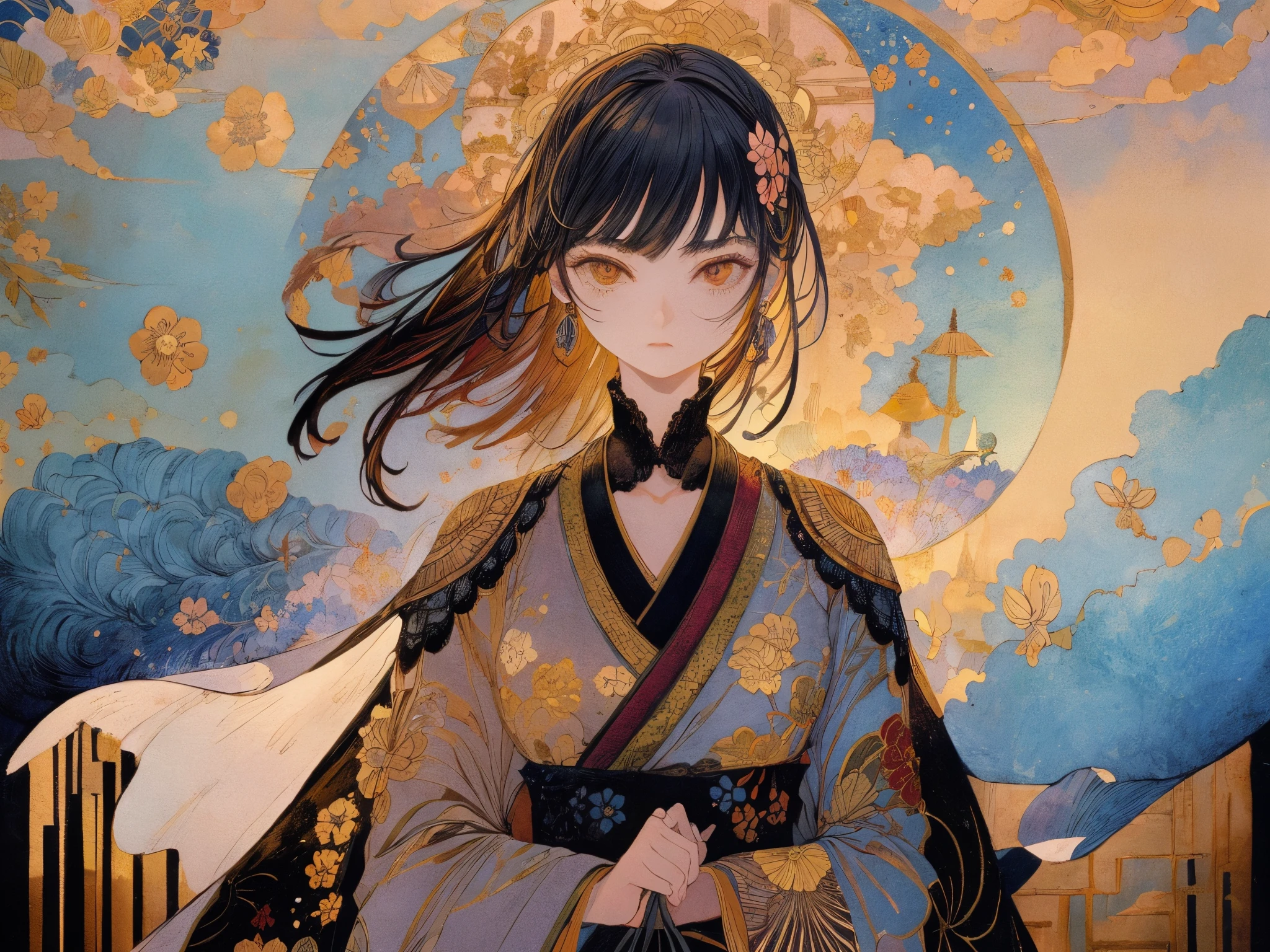 base layer: Tapestries woven with traditional patterns and motifs, Probably oriental、Or especially reminiscent of Japanese aesthetics.., Items with intricate designs such as floral patterns, Fans, Waves that create a vivid and detailed background, BREAK middle layer: Characters wearing elaborate costumes, such as kimono, Has an intricate pattern that matches and compliments the background. The character is、Must be decorated with accessories that reflect the theme elements of the setting, Create a visual connection between the character and the surroundings, BREAK foreground layer: Dynamic elements that connect the background and characters, Like petals and leaves swaying in the wind, birds, or other moving motifs, Add life and movement to your scene, BREAK effect layer: Despite the abundance of detail、、, Through the use of strategic lighting and subtle vignettes to guide the eye、The focus remains on the characters.. The character may have a calm and attractive appearance, make direct contact with your audience, BREAK Final touches: The overall atmosphere will be elegant and festive。, A sense of depth created by overlapping patterns and textures. Add depth to an image、Highlight intricate details in both characters and backgrounds、Sometimes I use light and shadow subtly.