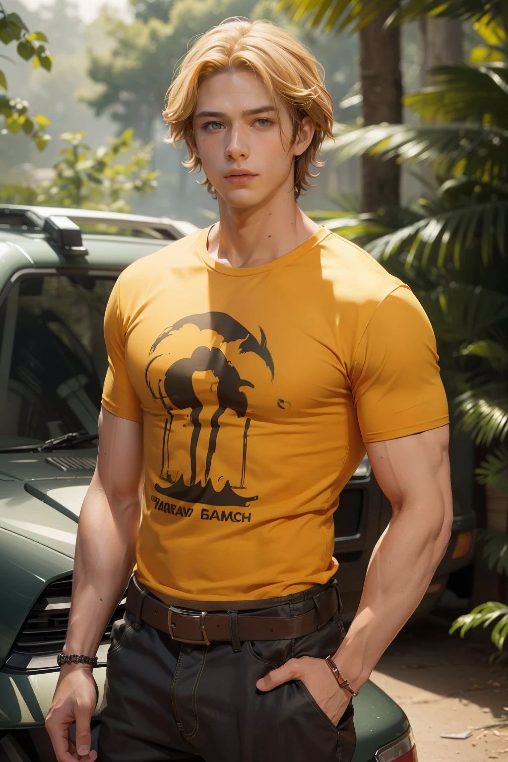 create an image of a man of average height, somewhat muscular, short wavy and somewhat yellowish hair, green eyes, wearing an orange shirt with the print "Camp half-blood". Percy Ja character