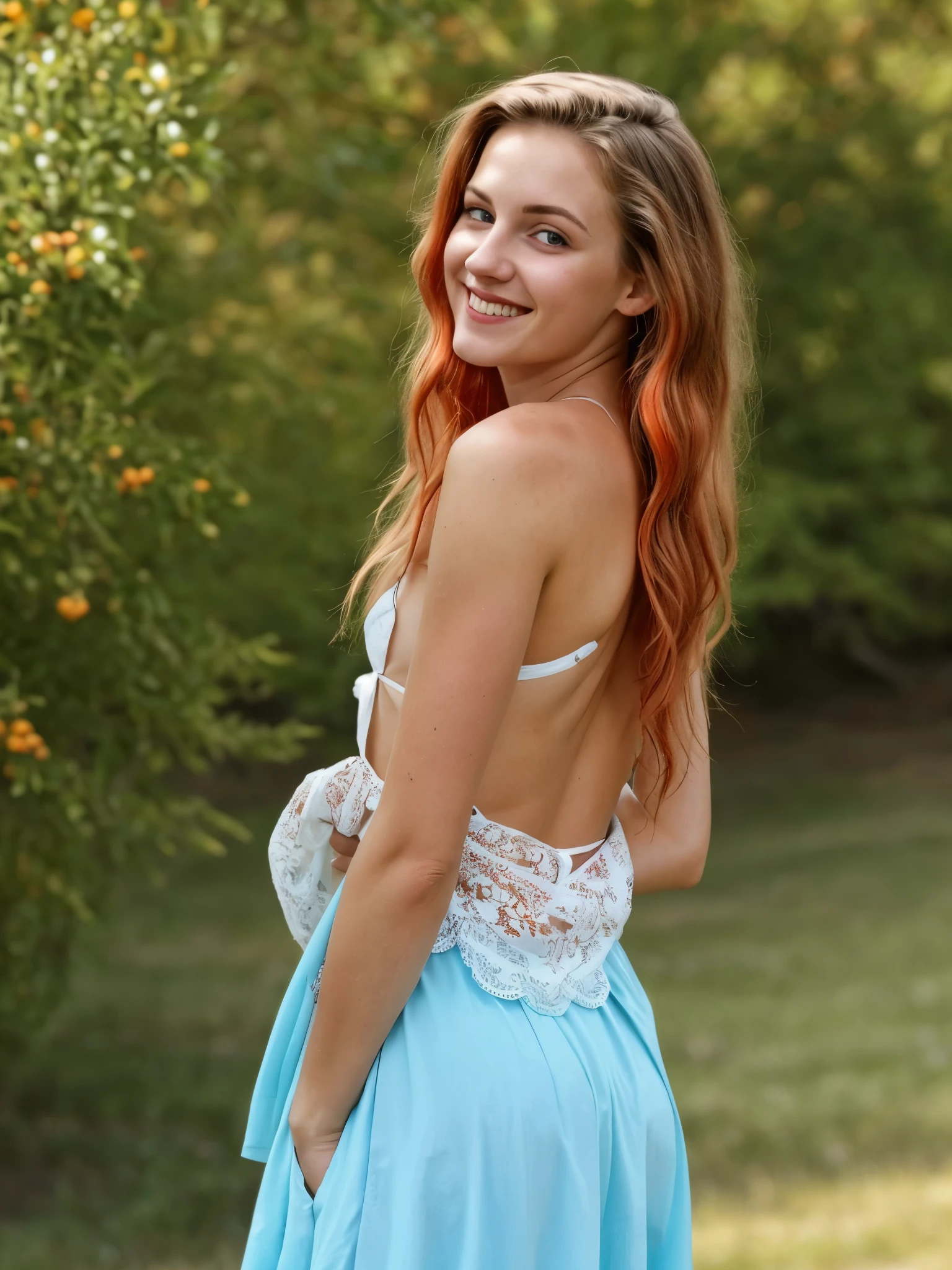 (Realistic:1.5), A highly detailed photo of a stunningly beautiful young woman in a minuscule clothes. Long rusty-cyan colored hair blowing in the wind . Dazzling and glowing orange-red eyes, (freckles:0.3), cute sexy, Mouth smiling wide with joy. Leaning towards the camera with arms crossed playfully behind her back. Free-spirited persona. Looking directly at the camera and winking
