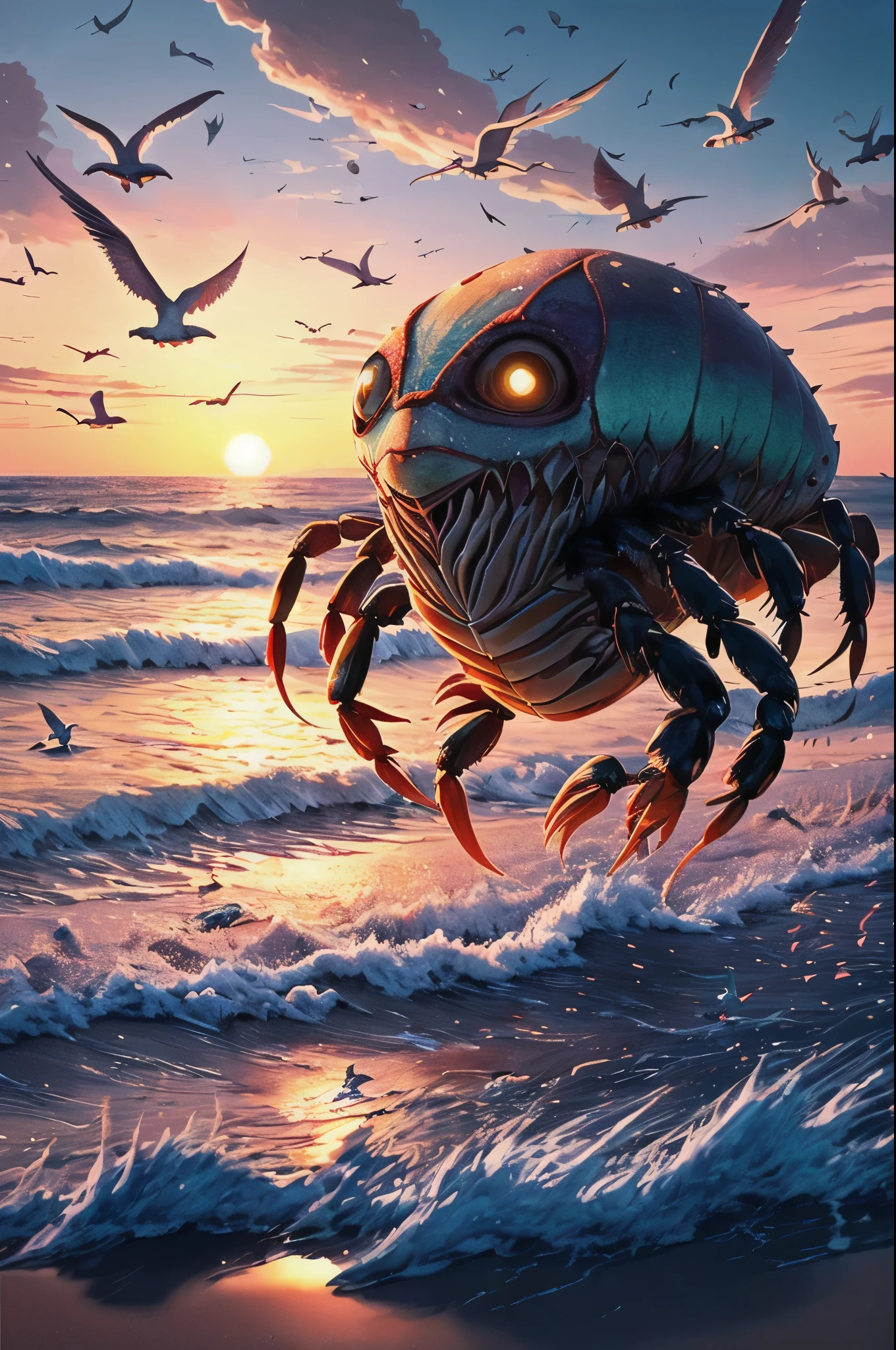 (best quality,highres,masterpiece:1.2),ultra-detailed,realistic,physically-based rendering,humanoid monster,crab-like chitinous plates,creepy,dressed like a Disney princess,beach,princess,creepy eyes,crab-like legs,unique texture,claws,scary appearance,hauntingly beautiful,ethereal,monster princess,unsettling atmosphere,fantasy,horror,fairy tale,beach landscape,sunset lighting,mysterious ambiance,otherworldly presence,colossal size,unsettling charm,vivid colors,waves crashing,seagulls,strolling gracefully,seaside breeze,curiosity,contrast of beauty and darknes