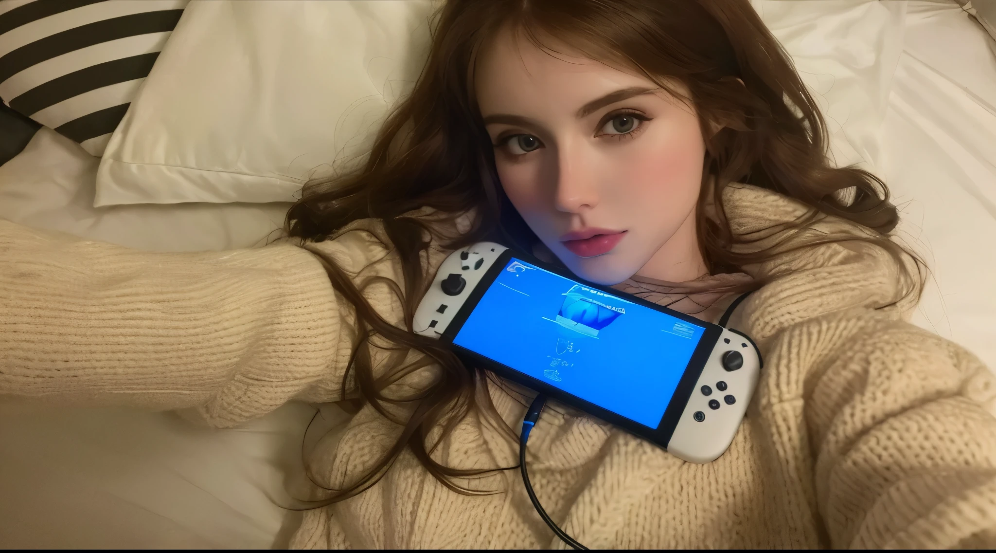 Mujer arafed acostada en la cama sosteniendo un controlador de Nintendo Wii, holding a Nintendo Switch, gamer aesthetic, better known as Amouranth, Hermosa Delphine, Pokimane, Amouranth, Retrato Sophie Mudd, Anna Nikolanova aka Newmilky, Streamer de Twitch, Nintendo Switch, taken in the early 2020s, Imagen filtrada
