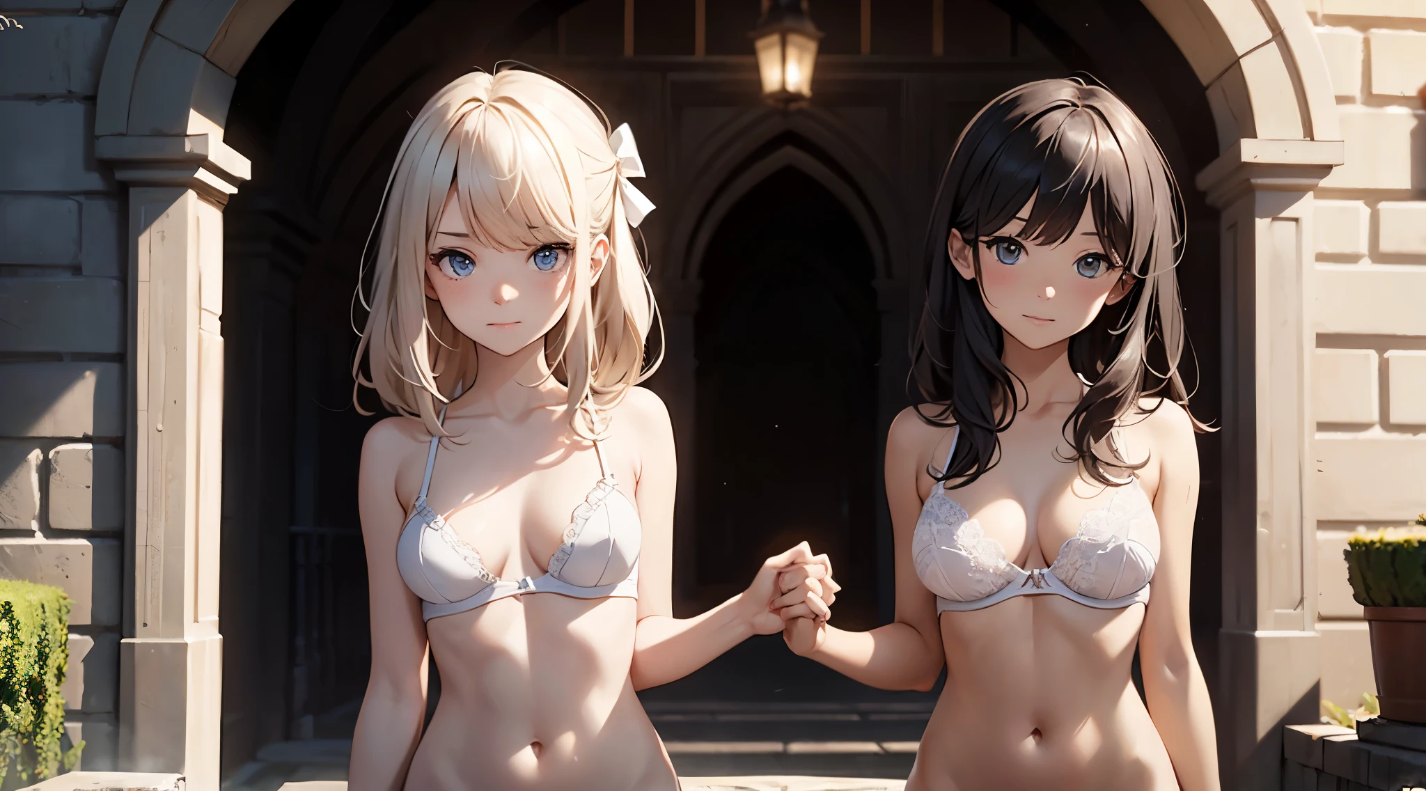 fullnude、Girls in a courtyard, cute bow, pubic hair, (embarrassed), shy small smile, girls holding hand, (FLATCHESTED:1.3)、flat chest, superflat chest, (one embarrassed girl naked), one embarrassed girl naked and second girl in panties and a bra, white lace bra size 0, zero breast size
