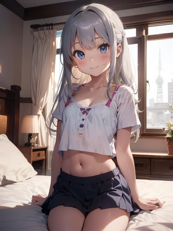 Beautiful illustration, Best Quality, (s old female child)、cute petit girl, Lori、(rb view) in prone position on bed, bedroom, crop top, exposed skin, little clothing, small breasts, cleavage, navel, pink mini skirt、Thighs visible through the gap in mini skirt、Crotch gap、Thigh gap、Beautiful blue eyes, frombelow, Cinematic lighting, Cowboy Shot, Euphoric smile, (length hair)、silver hair