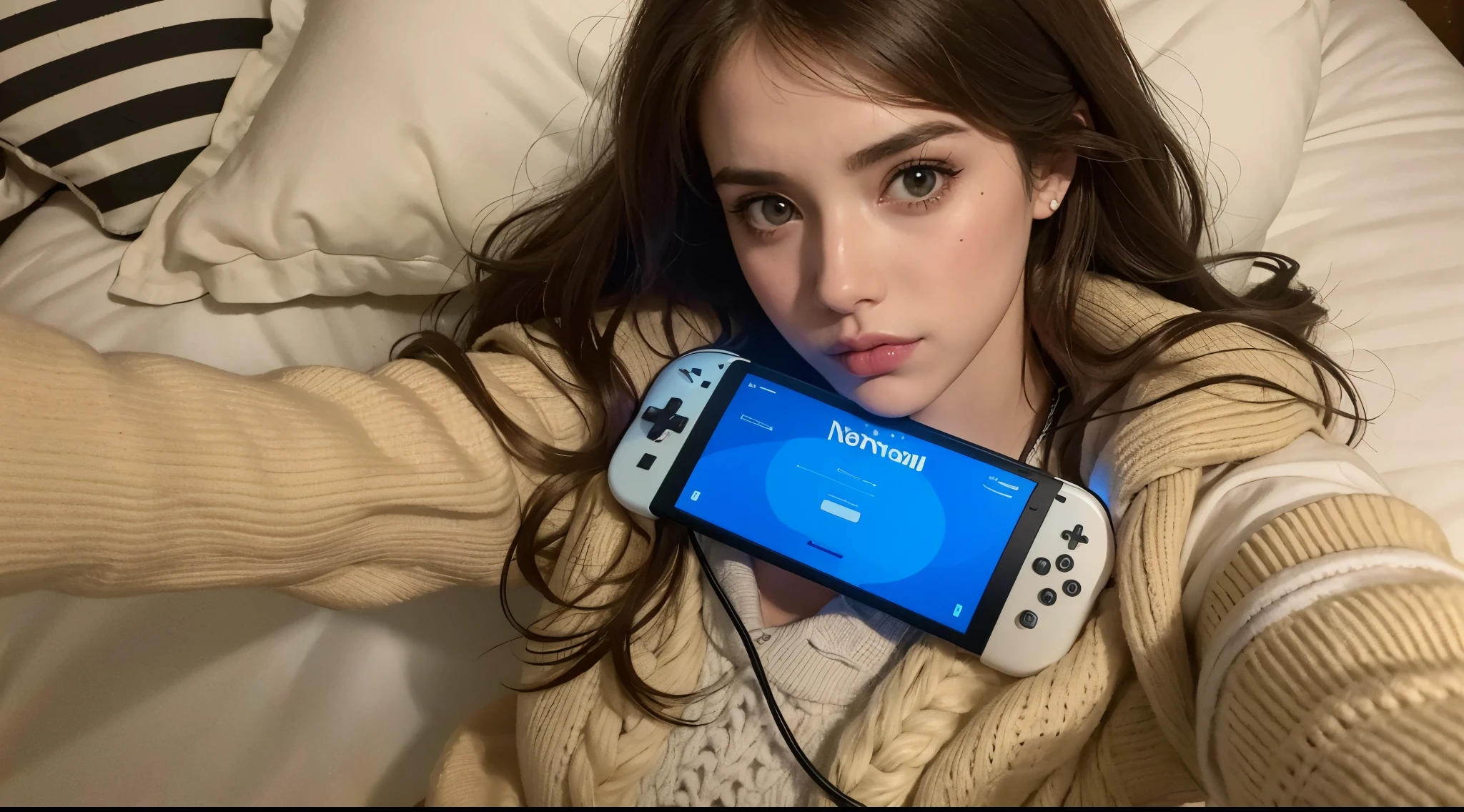 Alafeld woman in blue dress holding a Nintendo Wii game controller, holding a nintendo switch, Playing games, nintendo switch, For AAA games, switch, mobile game, nintendo game, gamer aesthetic, videogame, playing video game, profile picture 1024px, twitch streamer, leaked image, gamer, for ps5, holding controller, e - girl
