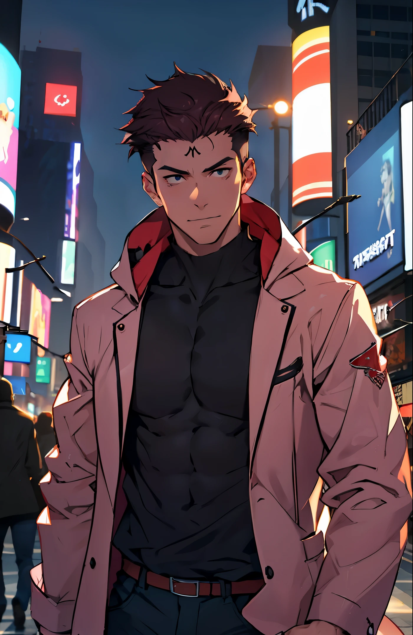 A mais alta qualidade, 8K, image high resolution, Detailed strokes, no meio de uma avenida movimentada estilo Times Square, inverno, apoiado em um dos postes, adolecente, Yuji Itadori, Dark Pink Hair , wearing a cold jacket , slightly unbuttoned jacket showing a bit of his chest, masculo, chest a little tight in the shirt , (angulo de baixo), (Rosto Perto), pernas definidas, defined arms, abdomen definido, com a camisa,