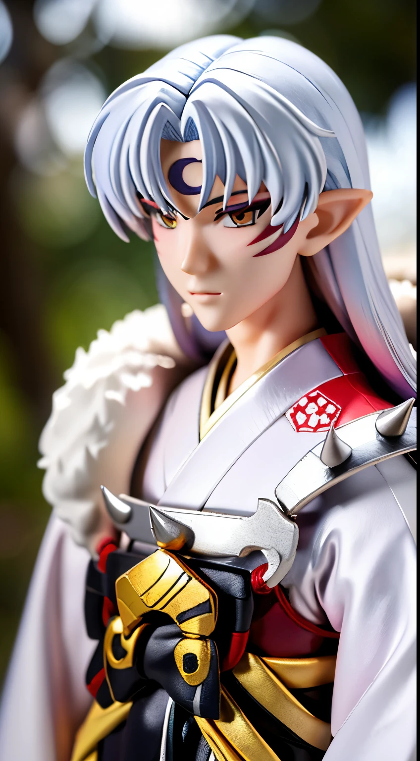 (a mature man),  sesshomaru, ((upper body, head turned to the side)), japanese forest with a shrine in the background,daytime, standing,