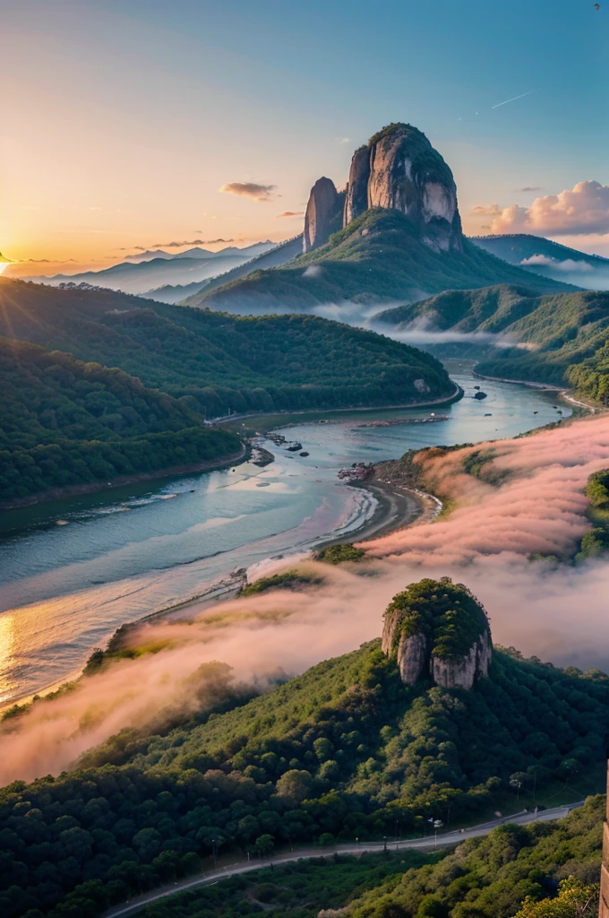 deslumbrante e fascinante paisagem natural, majestic mountains are towering in the distance, cobertas por exuberantes bosques que se desvanecem nas brumas. um rio serpenteante reflexa as tonalidades quentes e acogengantes do por do sol, and the sky is painted in vibrant colors that range from a soft pink to an intense orange