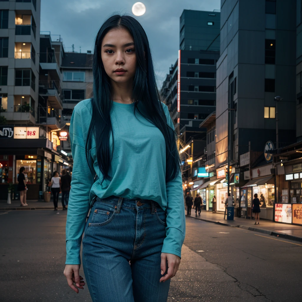 Thai Woman, look at viewer, long blue hair, blue eyes, green shirt, oversize jeans, night, moon, city, scenery, buildings,