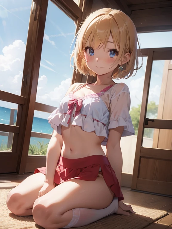 Beautiful illustration, Best Quality, (6  female child)、cutit girl, Lo(Superb view), ((sitting seiza position)), bedroom,  crop top, exposed skin, little clothing, small breasts, cleavage, navel, pink mini skirt、Thighs visible through the gap in mini skirt、Crotch gap、Thigh gap、Beautiful blue eyes, frombelow, Cinematic lighting, Cowboy Shot, Euphoric smile, (short hair)、blonde hair