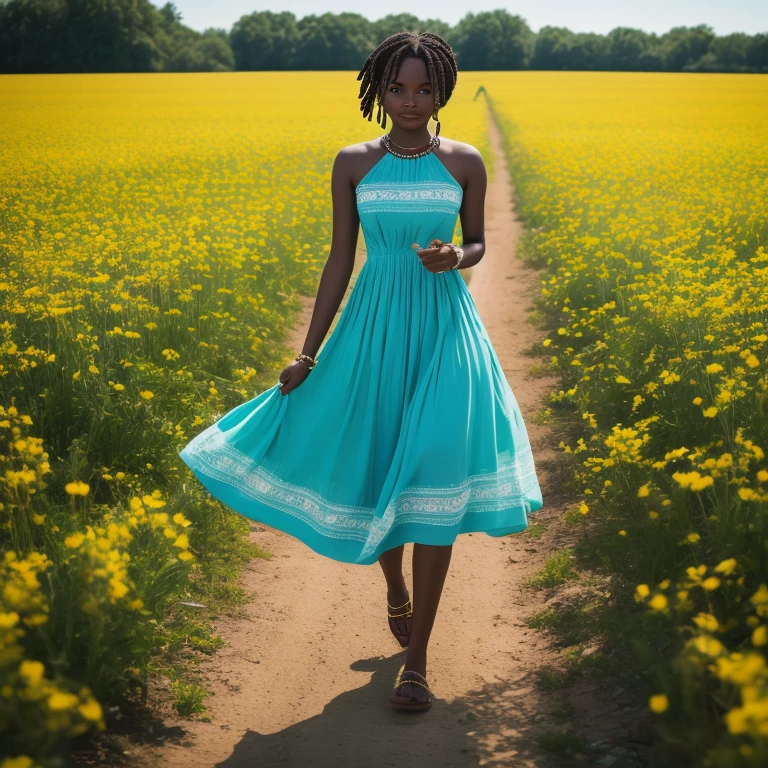 melanin youthful woman wearing a turquoise spring set walking in a field of strawberries