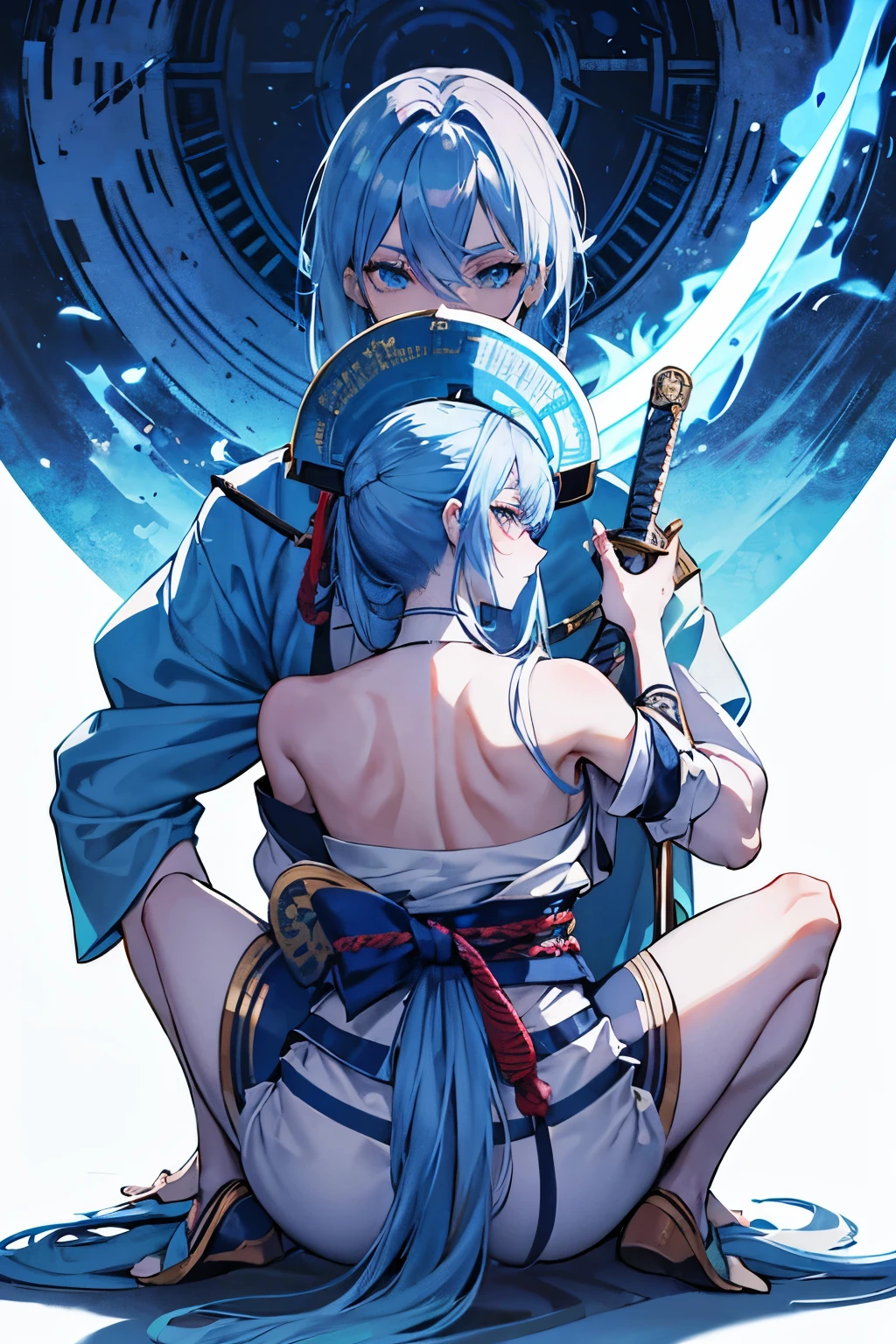 blue hairy eyes T back Carrying a Japan sword on his back posterior view crouching down masterpiece Top image quality denoise Clear cinematic shadow Increased attractiveness of the eyes Clear the shine of the eyes Draw eyelashes neatly Perfect Eye A detailed eye Sharpen image quality Sharpen eye writing Clear eye shape