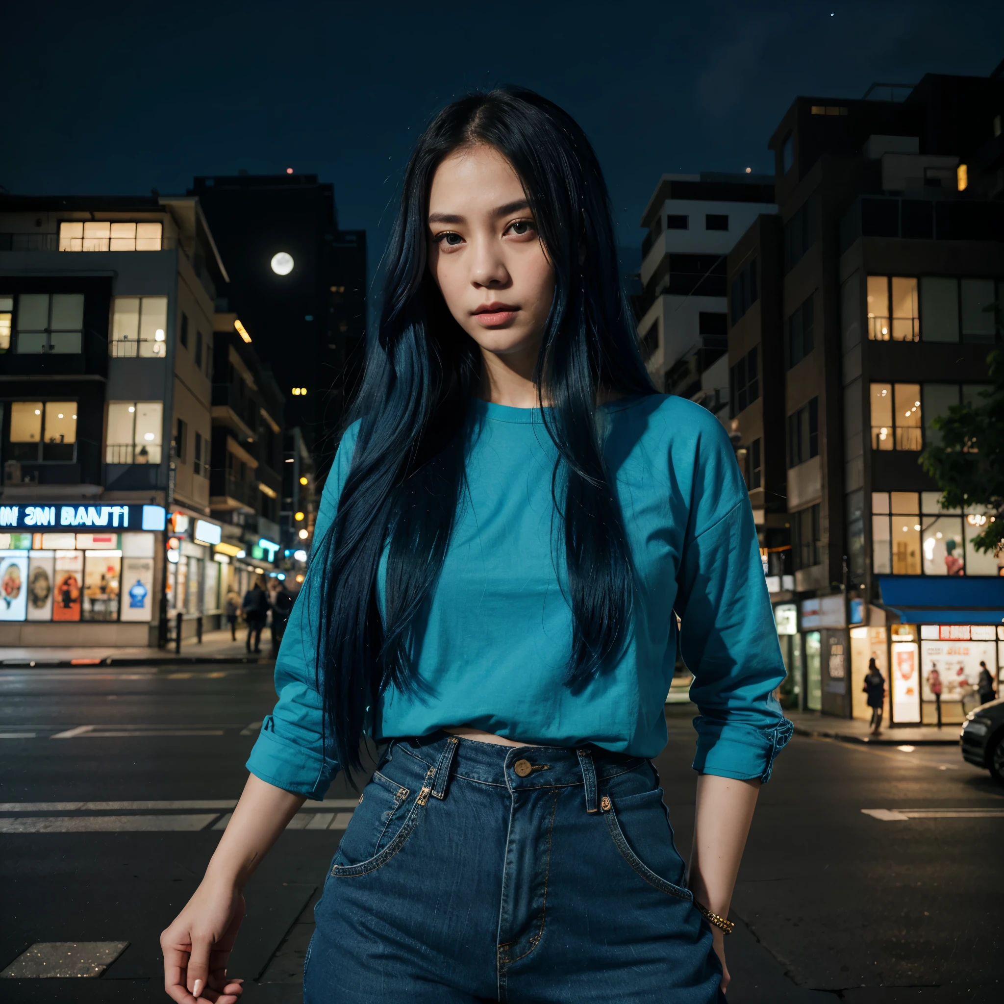 Thai Woman, look at viewer, long blue hair, blue eyes, green shirt, oversize jeans, night, moon, city, scenery, buildings,