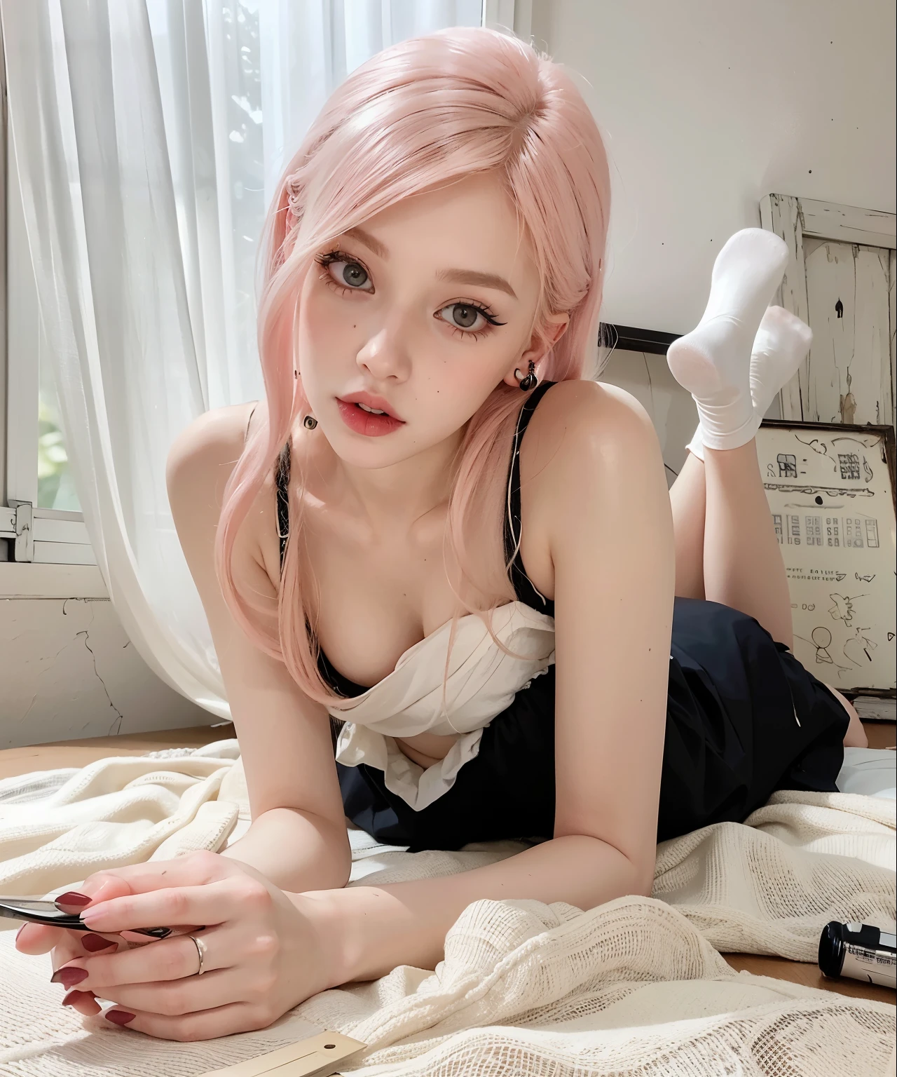 blond woman con cabello rosado laying on a bed with a pair of scissors, pale goth beauty, pale porcelain white skin, extremely pale white skin, pale fair skin!!, con cabello rosado, Pale Young Ghost Girl, albino white pale skin, 1 7 - - old h girl, pale - white skin, Parece una mezcla de grimes